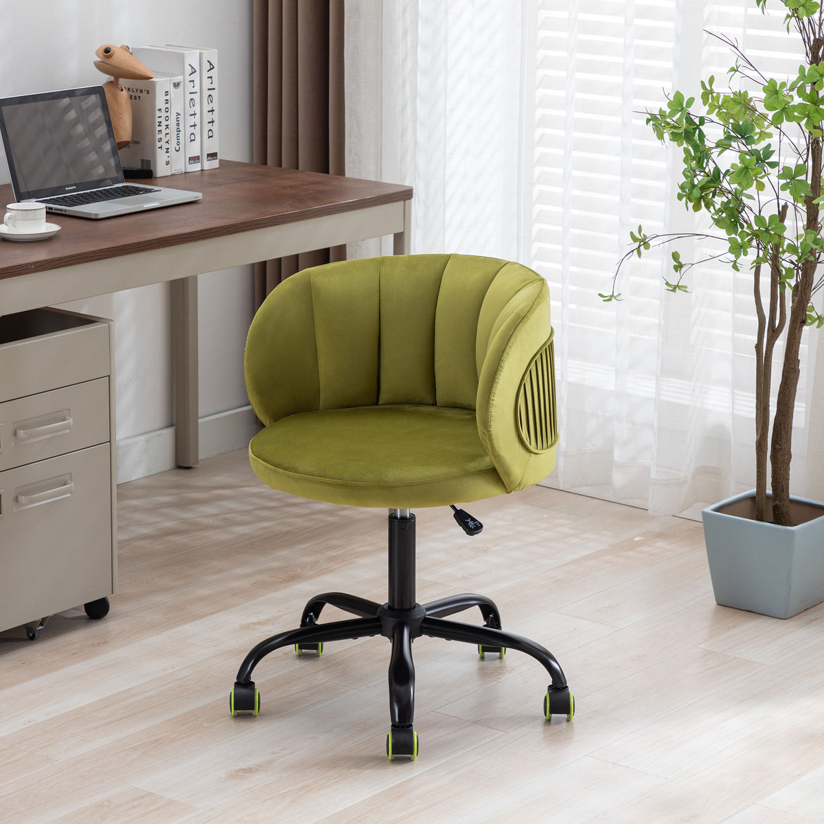 Zen Zone Velvet Leisure Office Chair, can rotate 360 degrees, with pulley - Olive Green