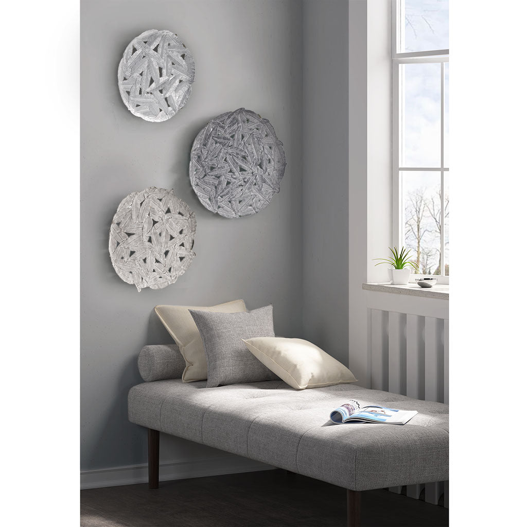 Rossi Textured Feather 3-piece Metal Disc Wall Decor Set - Grey