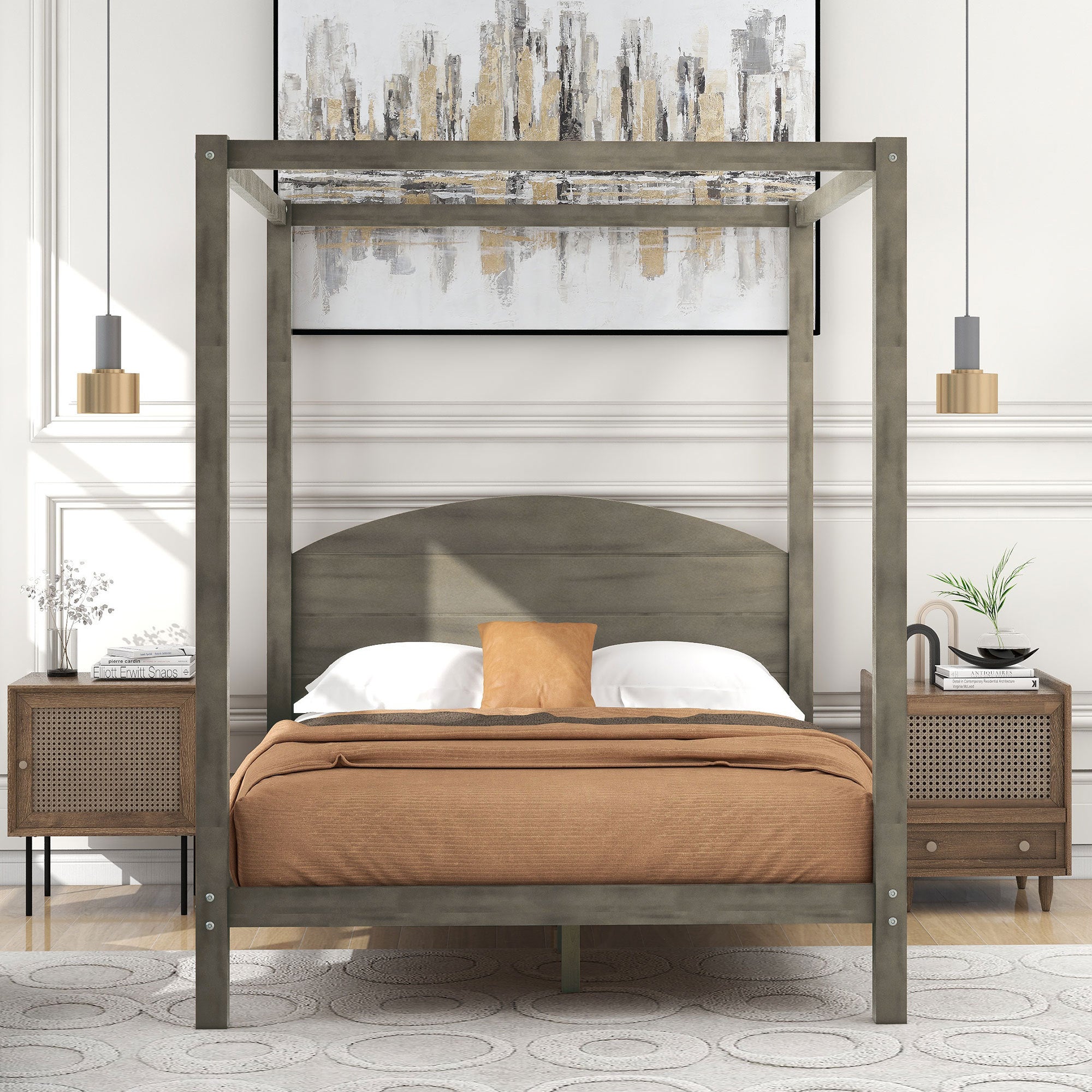 Full Size Canopy Platform Bed - Brown Wash
