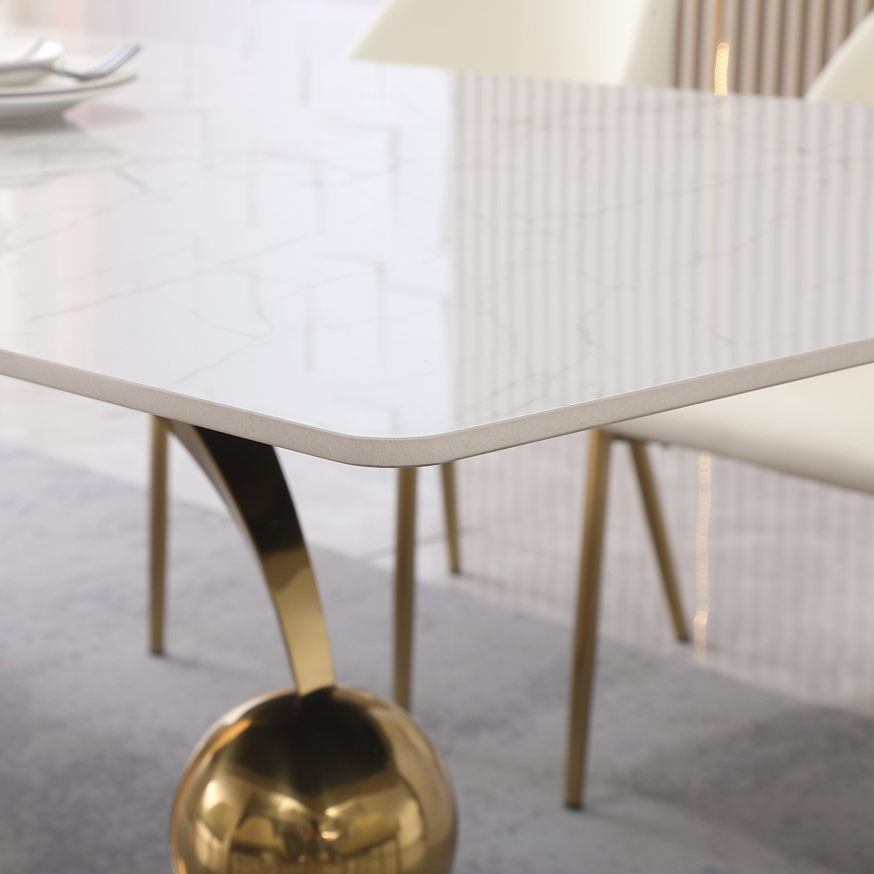 Stone Dining Table with Carrara White color and Round special shape stainless steel Gold Pedestal Base
