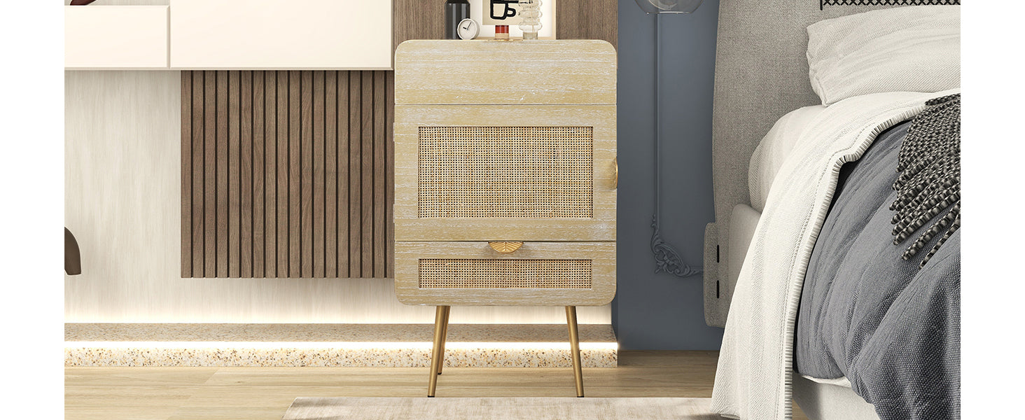 LAGO Natural Wooden Nightstand with Rattan Panel