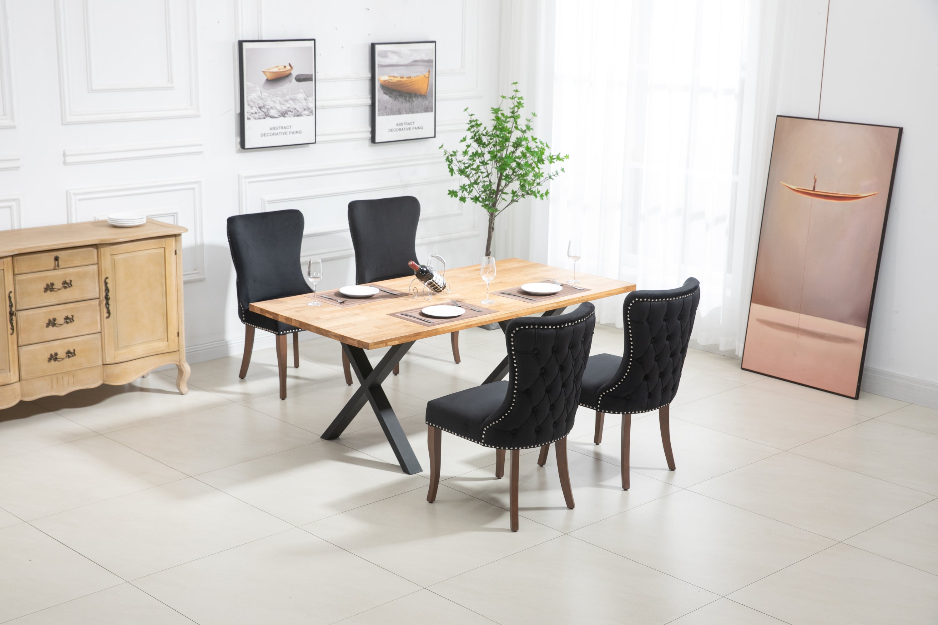 Velvet Upholstered Dining Chairs with Designed Back and Nailhead trim and Solid Wood Legs (Set of 2) - Black