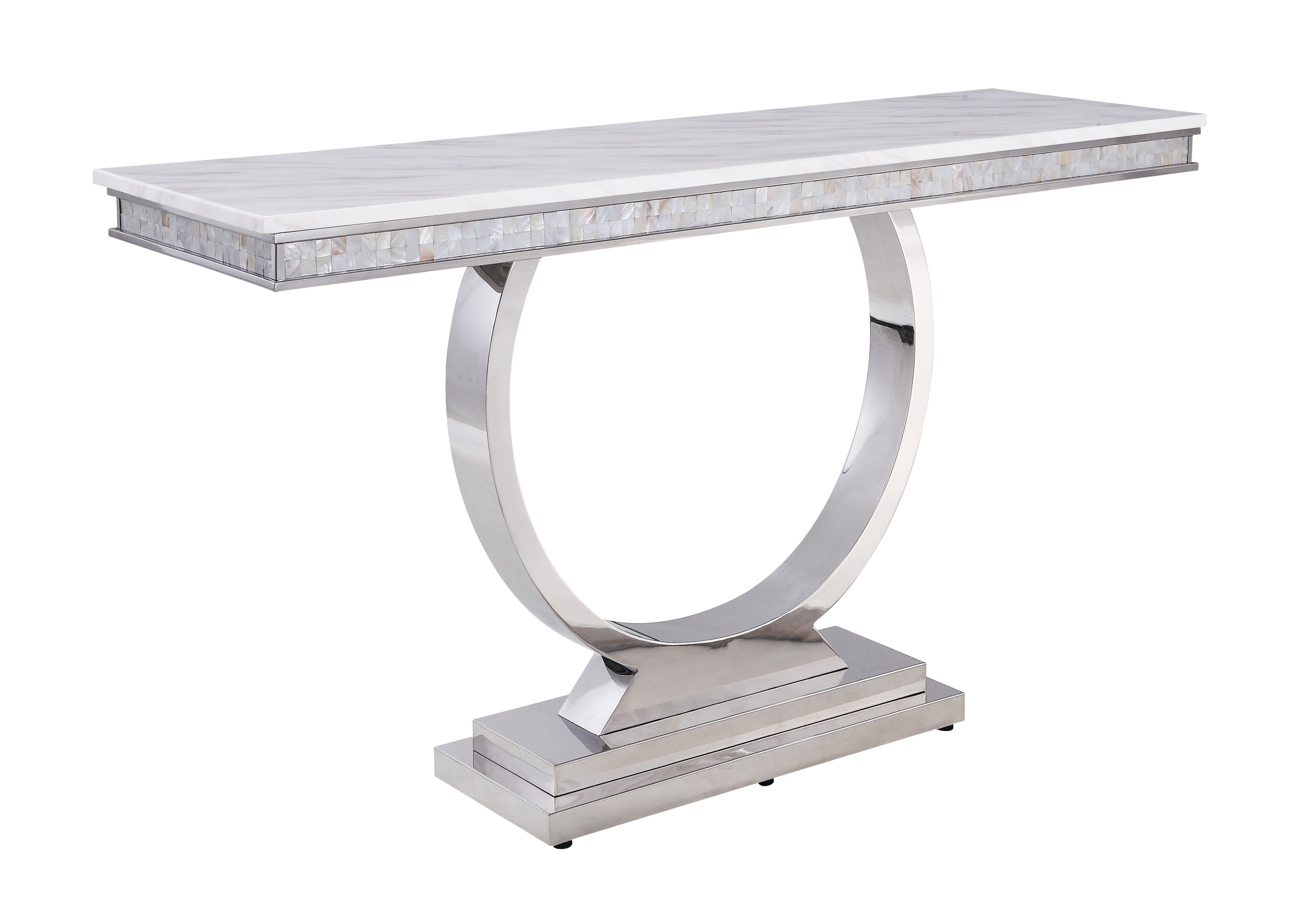 Zander Sofa Table, White Printed Faux Marble & Mirrored Silver Finish