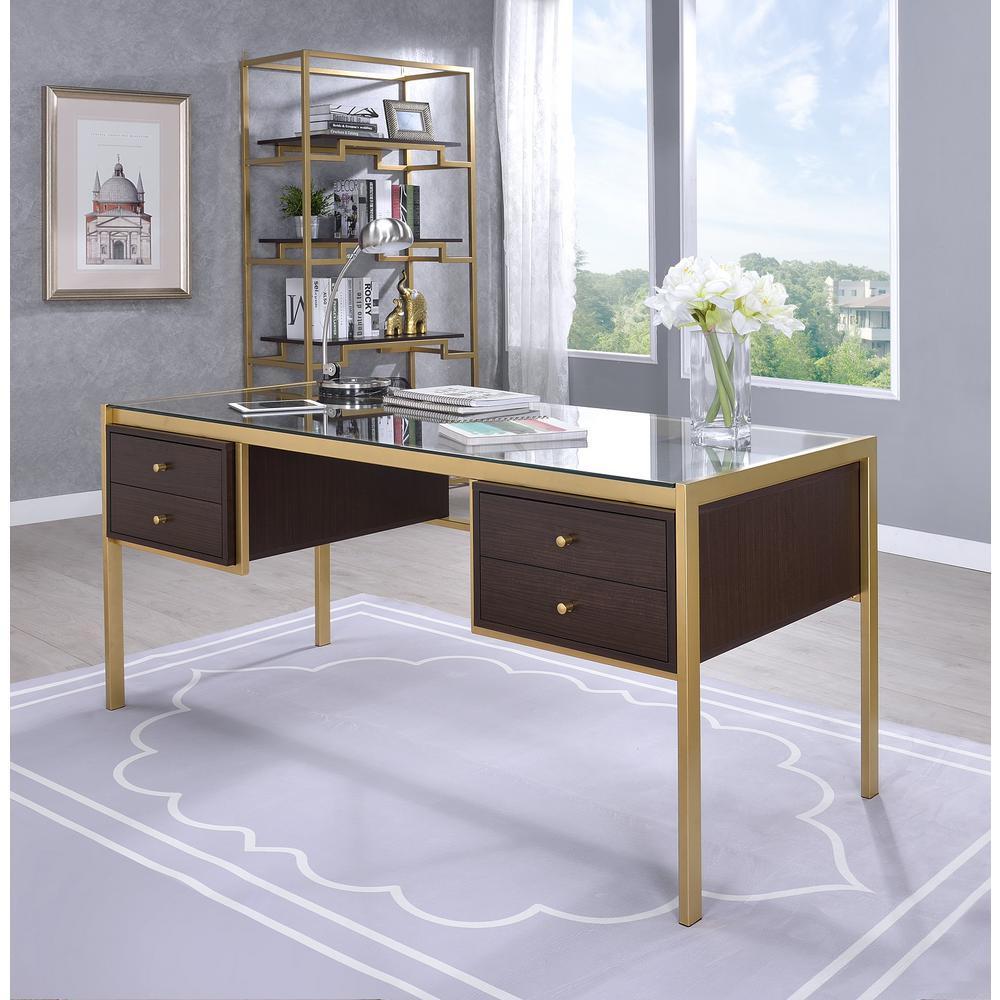 Clear Glass with Metal Frame Desk - Gold & Brown finish