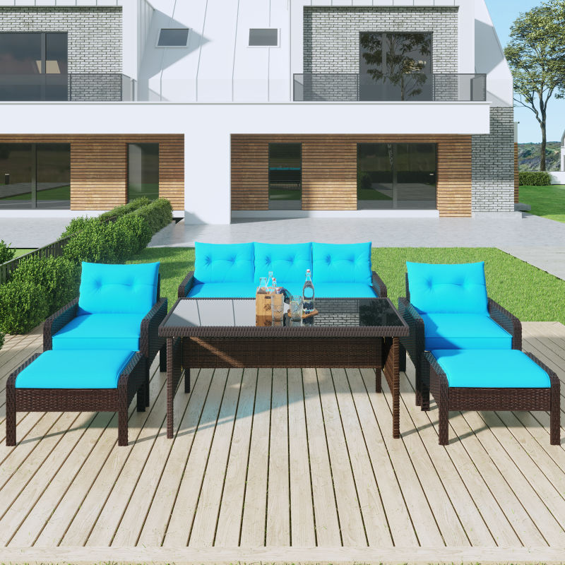 6-Piece Outdoor Patio Rattan Sofa Set with Removable Cushions and Glass Tea Table - Brown Wicker+Blue Cushion