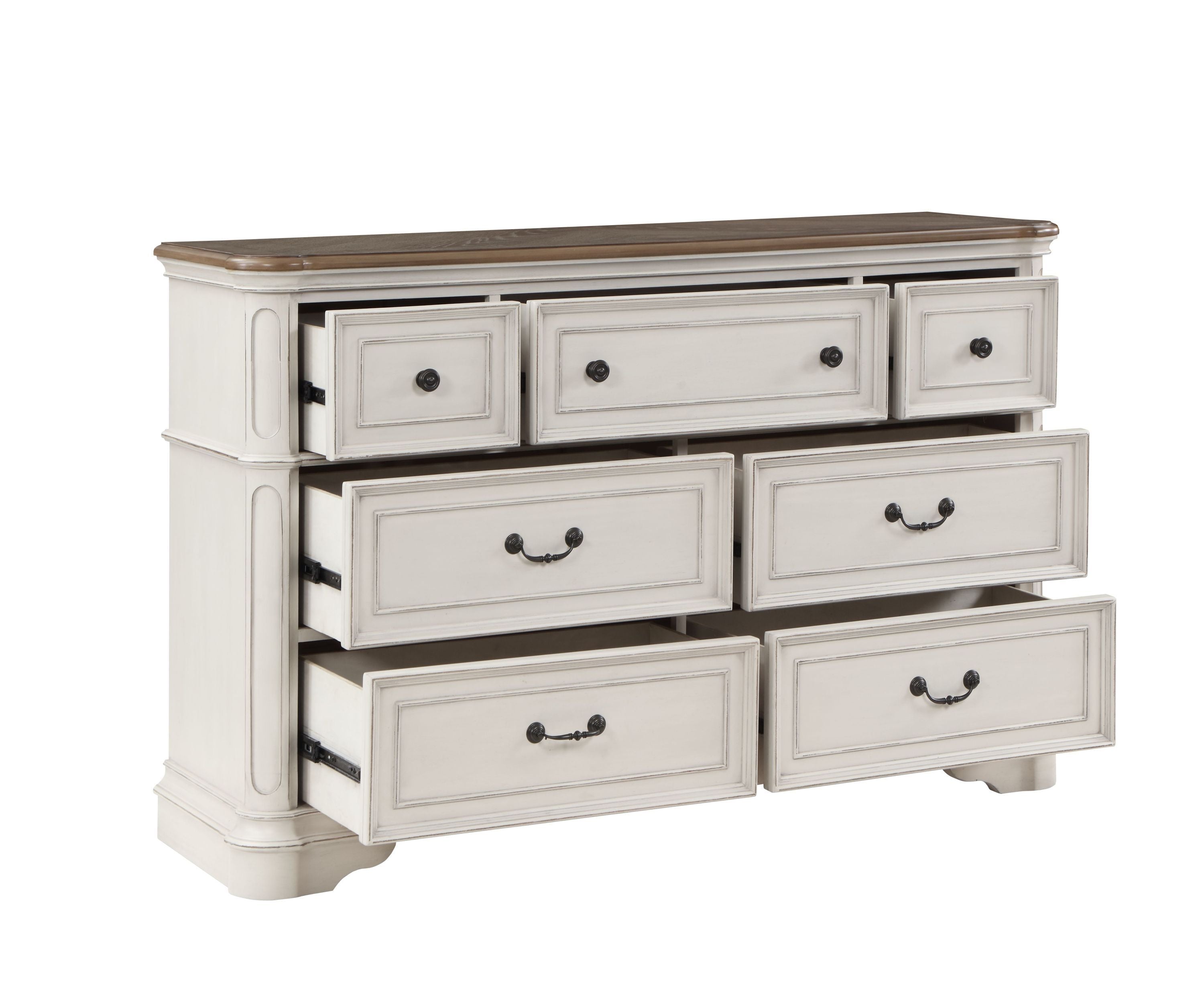 French Style Dresser - Gray Fabric & Antique White Finish