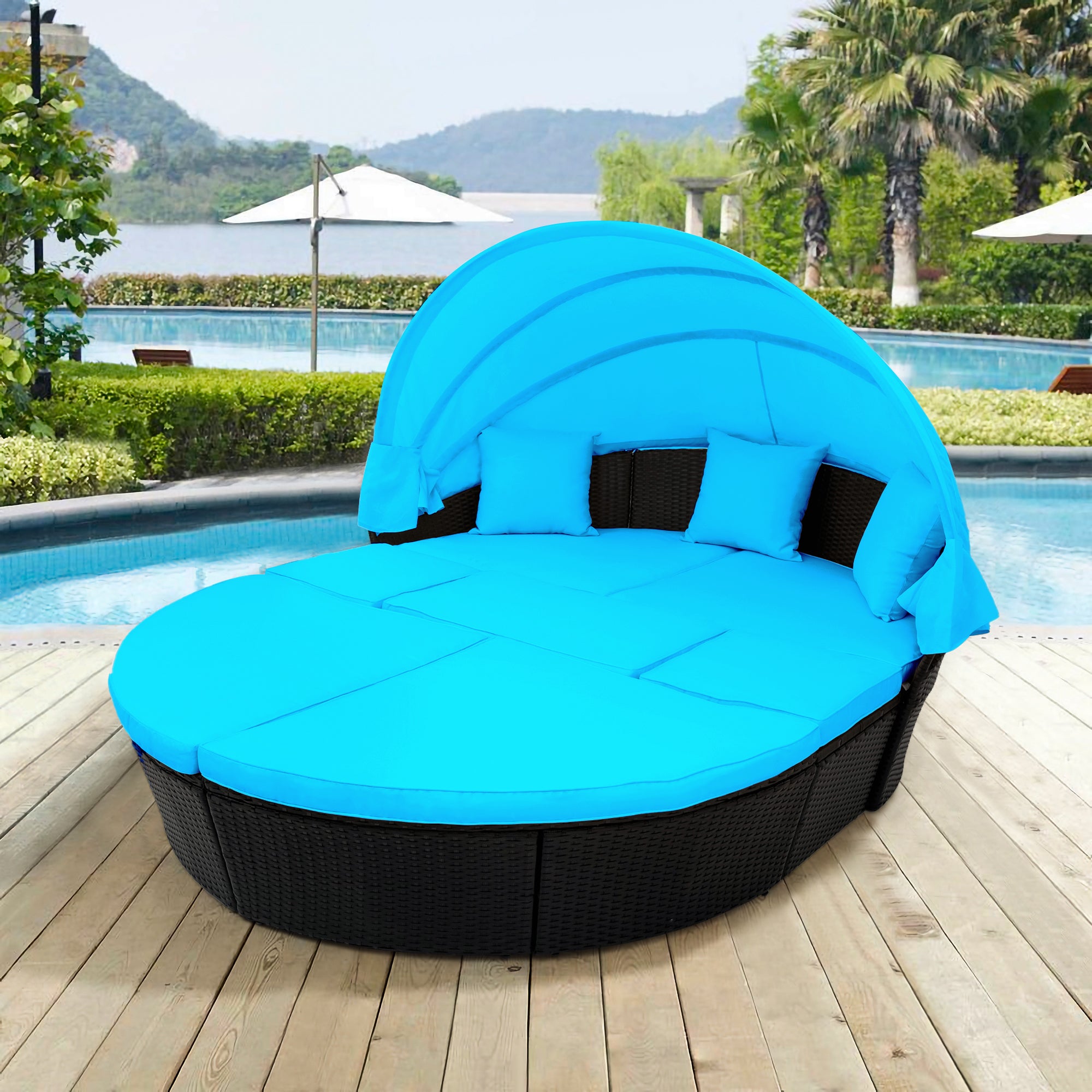 Outdoor rattan daybed sunbed with Retractable Canopy Wicker Furniture, Round Outdoor Sectional Sofa Set, Black Wicker Furniture Clamshell  Seating with Washable Cushions - Blue