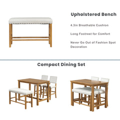 4 Piece Rustic Wooden Counter Height Dining Table Set with Upholstered Bench - Natural+Beige