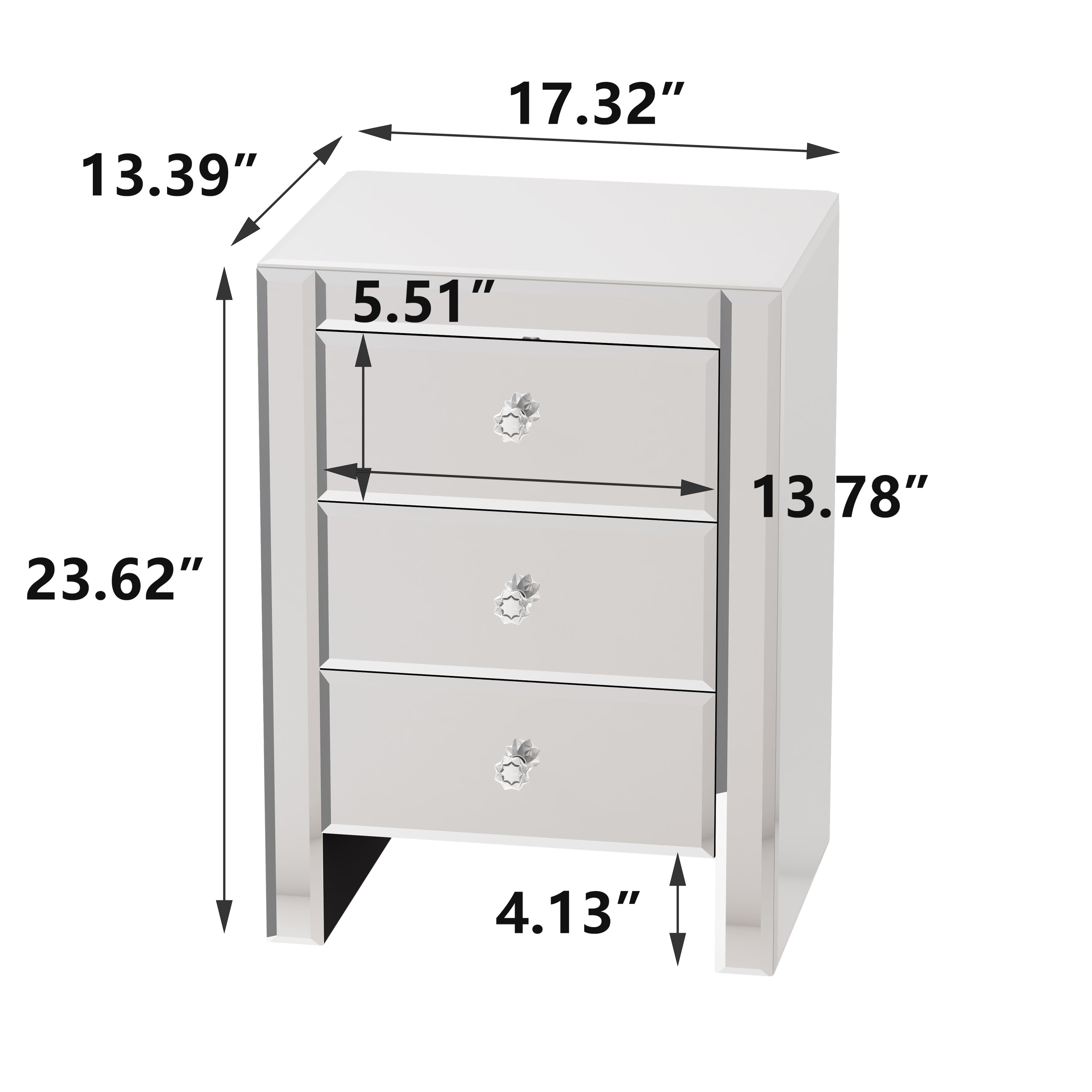 Modern Mirrored Nightstand with Drawers - Silver Glass