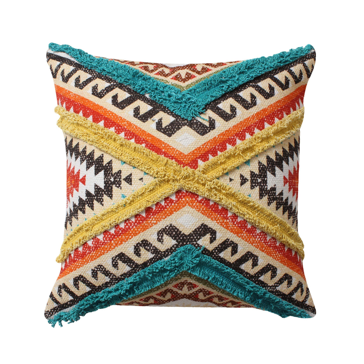 Square Cotton Accent Throw Pillow, Aztec Tribal Inspired Pattern, Trimmed Fringes 18x18" - Multicolor