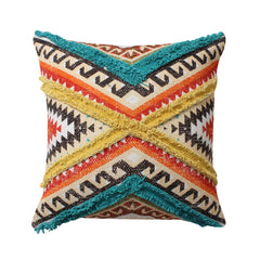 Square Cotton Accent Throw Pillow, Aztec Tribal Inspired Pattern, Trimmed Fringes 18x18" - Multicolor
