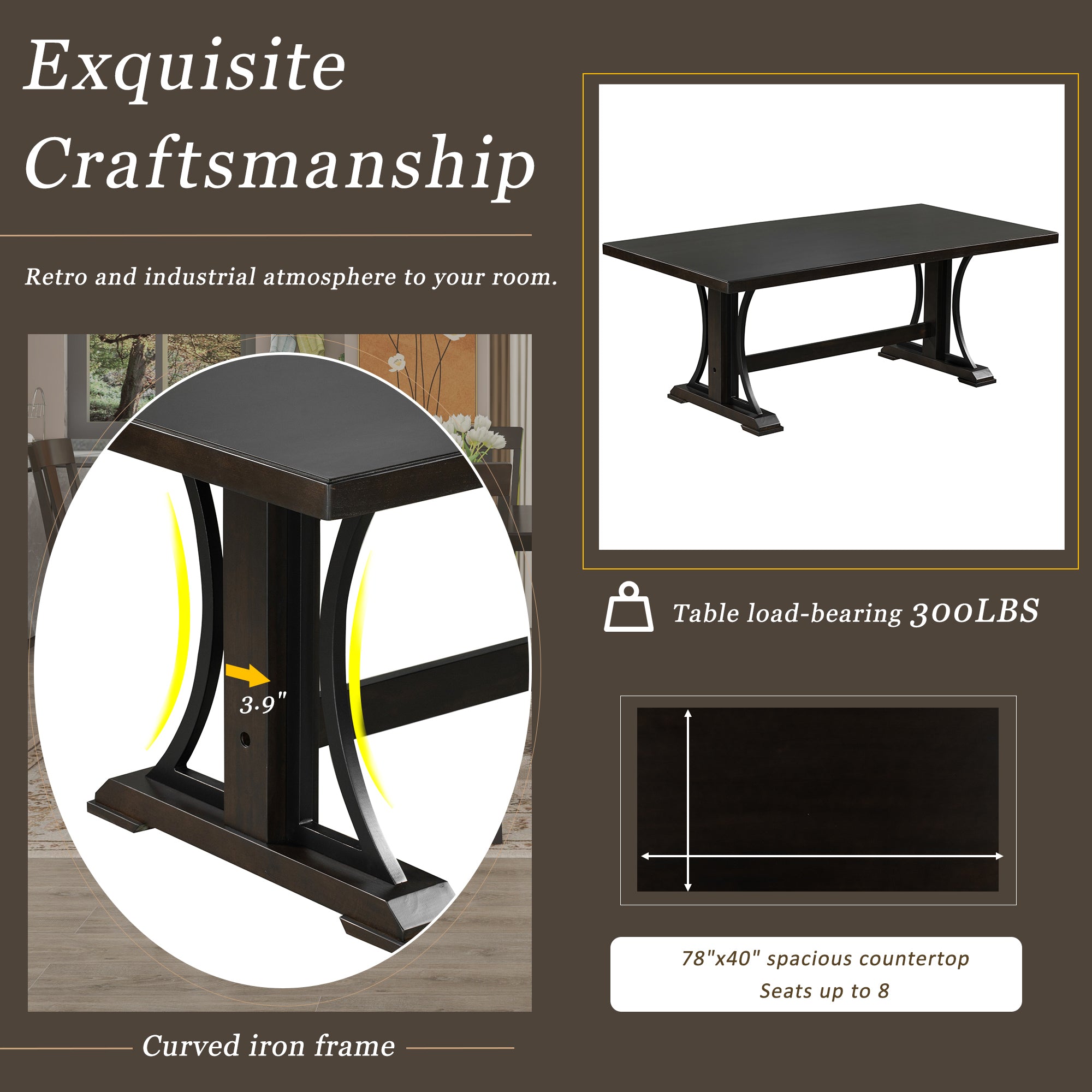 Retro Style Dining Table 78” Wood Rectangular Table, Seats up to 8 - Espresso