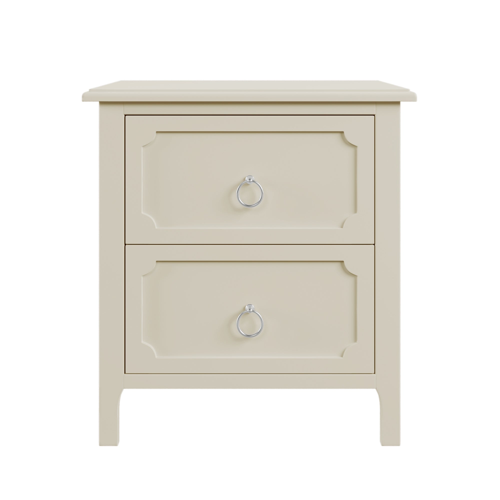 Milky White Rubber Wooden Nightstand Two Drawers Silver Metal Handles