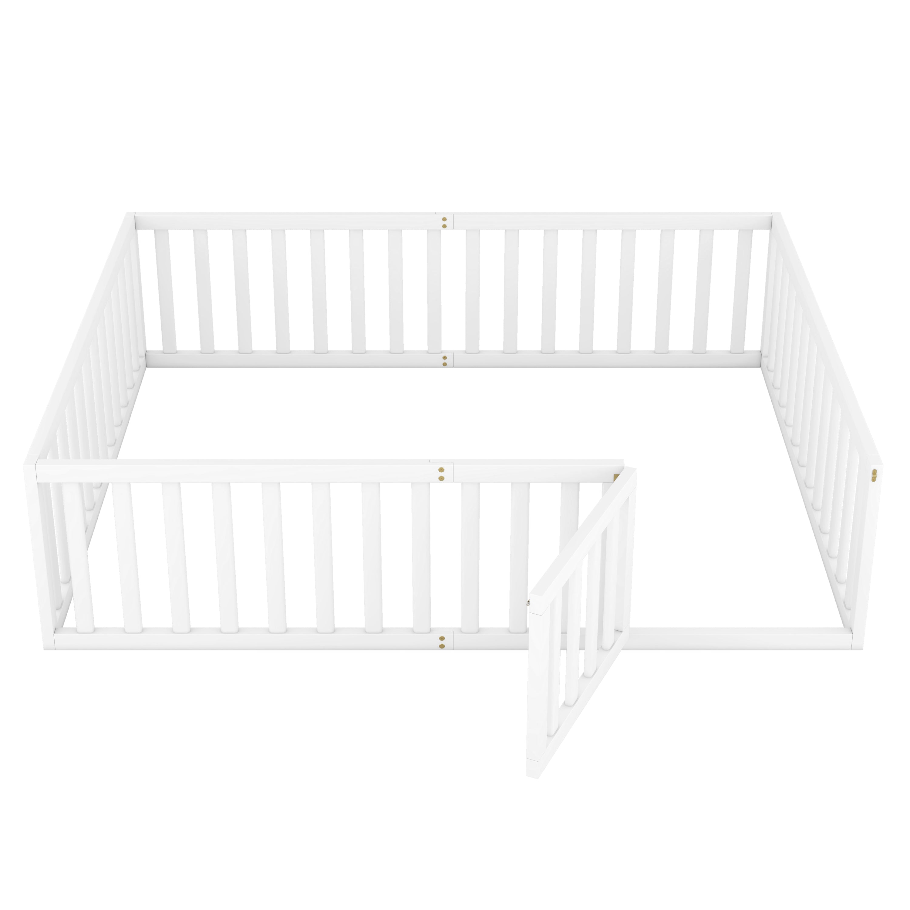 Queen Size Wood Floor Bed Frame with Fence and Door - White