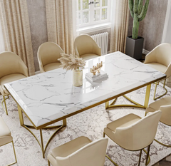 Modern Marble Dining Table with Rectangular Tabletop Gold Stainless Legs (chairs not included) - White