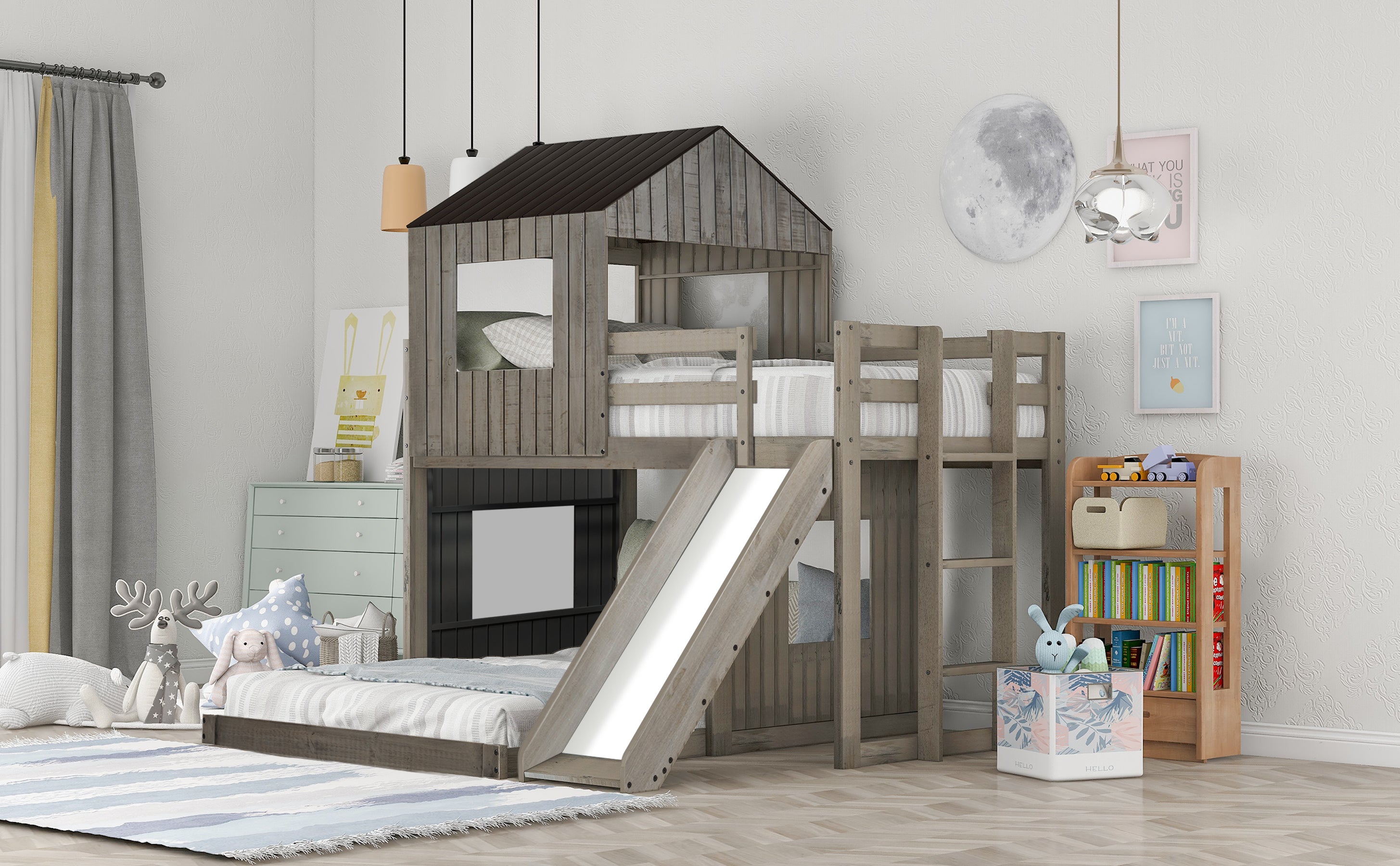 Farmhouse Loft Bed with Playhouse Ladder & Slide - White