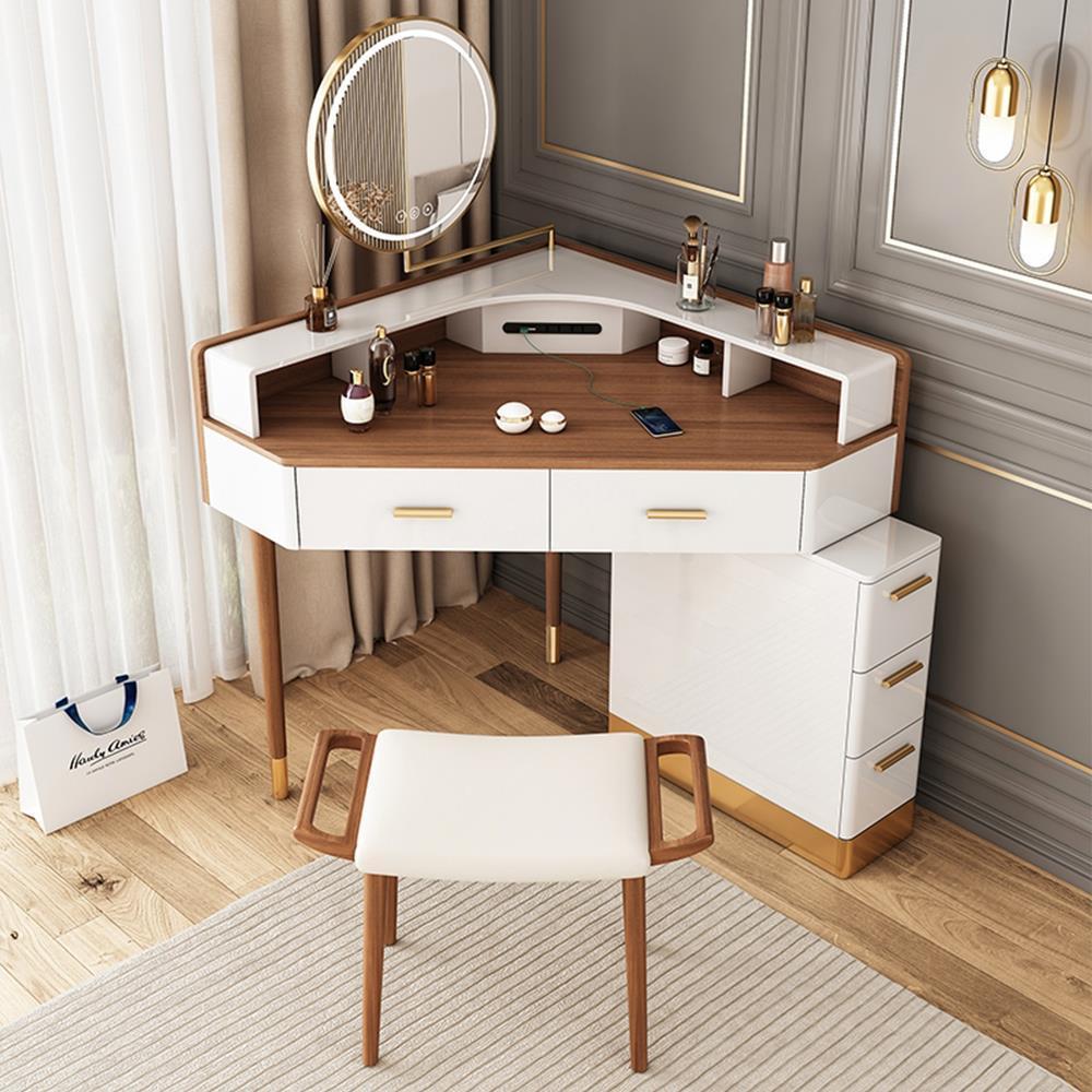 Modern Corner Makeup Vanity Table with LED Lighted Mirror, 5 Drawers, Stool