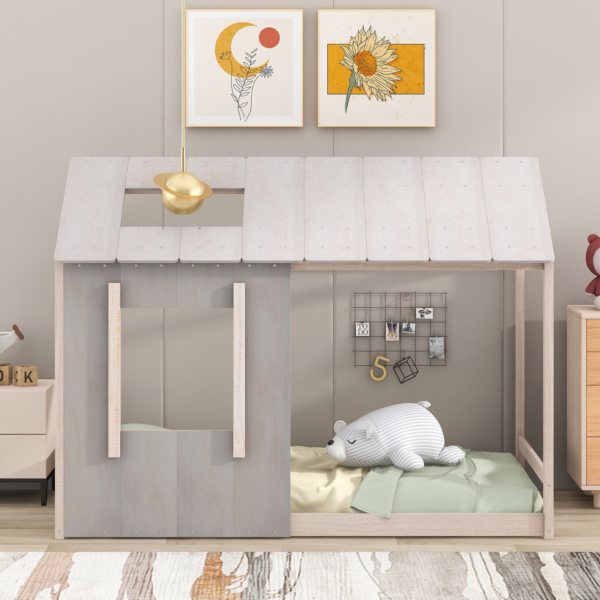 Twin Size House Platform with Roof and Window  - Antique Grey+Antique White