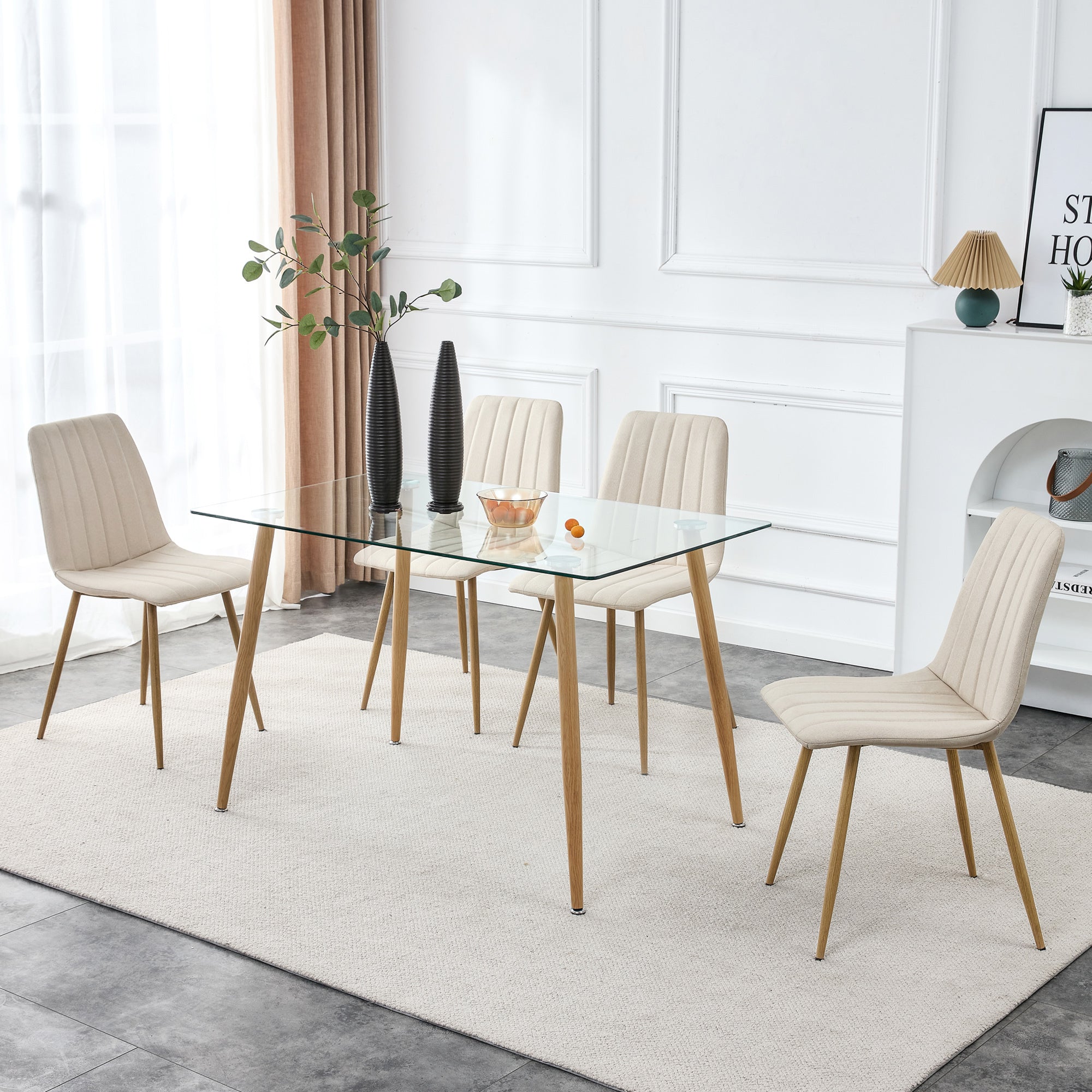 Modern Minimalist Rectangular Glass Dining Table for 4-6 with 0.31" Tempered Glass Tabletop and Wood color Coating Metal Legs - Transparent