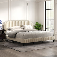 King Size Modern Linen Curved Upholstered Platform Bed - Cream
