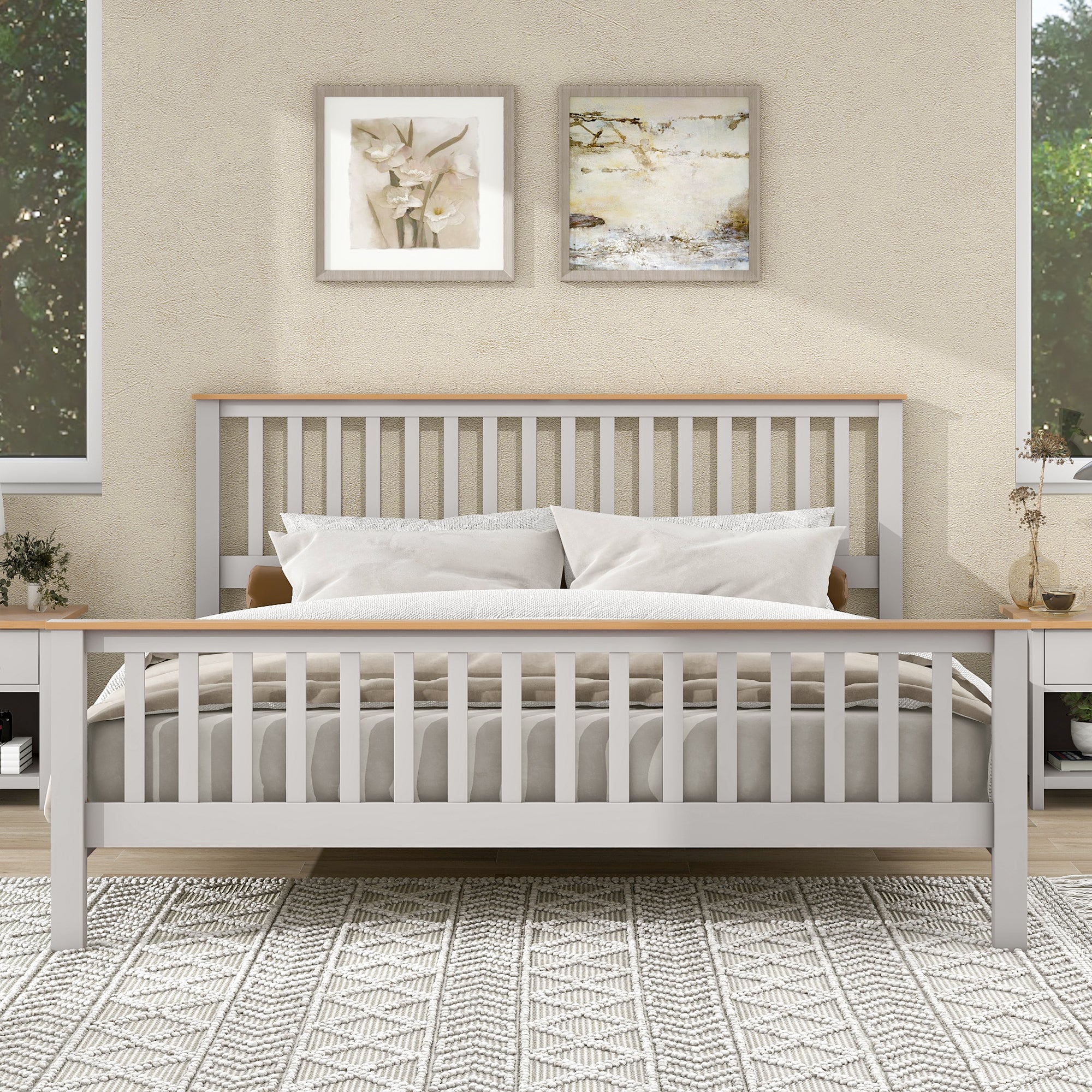 King Size Country Platform Bed with Oak Top - Grey