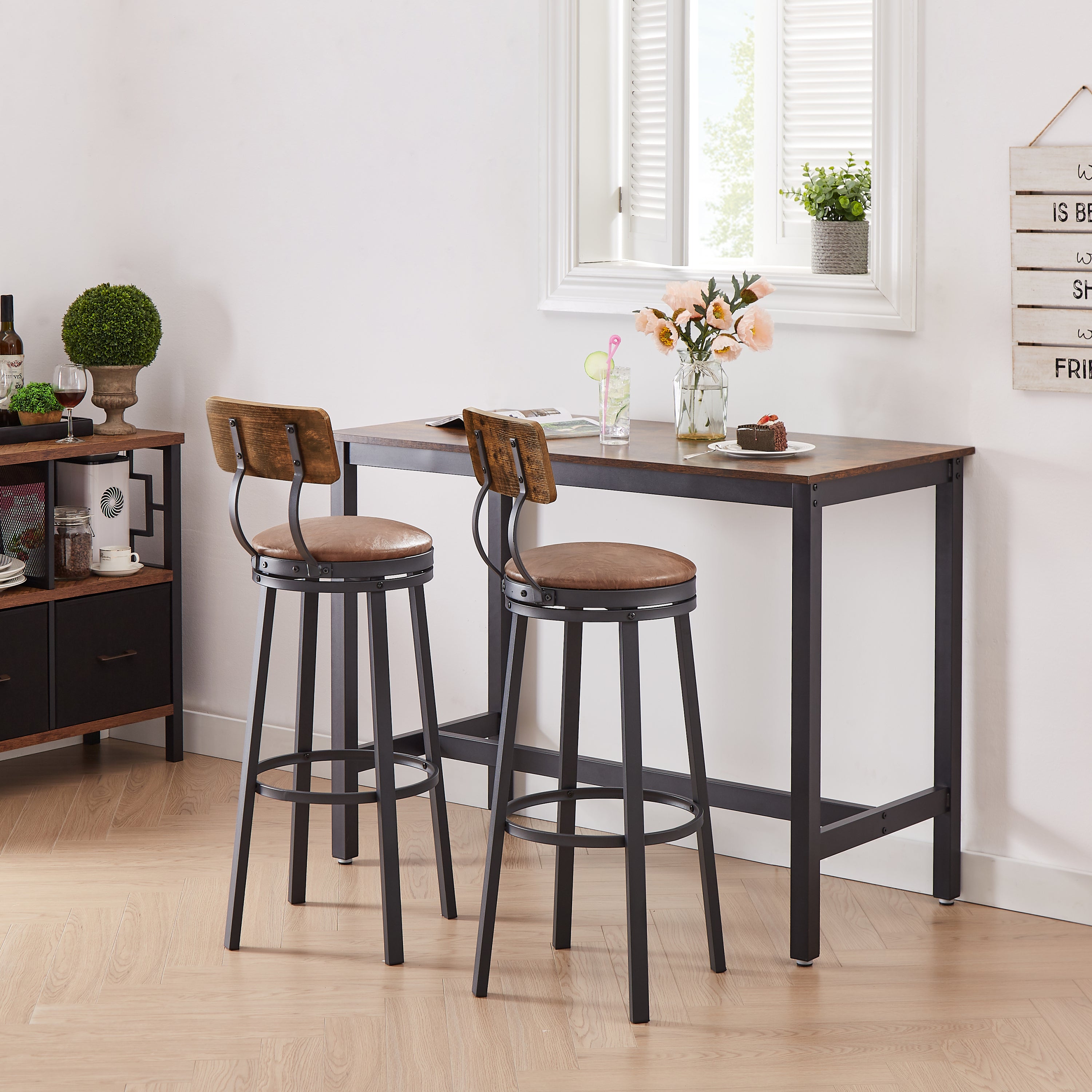 High Bar Stool With Backrest PU Soft Seat Cushion and Footrest (Set of 2) - Rustic Brown