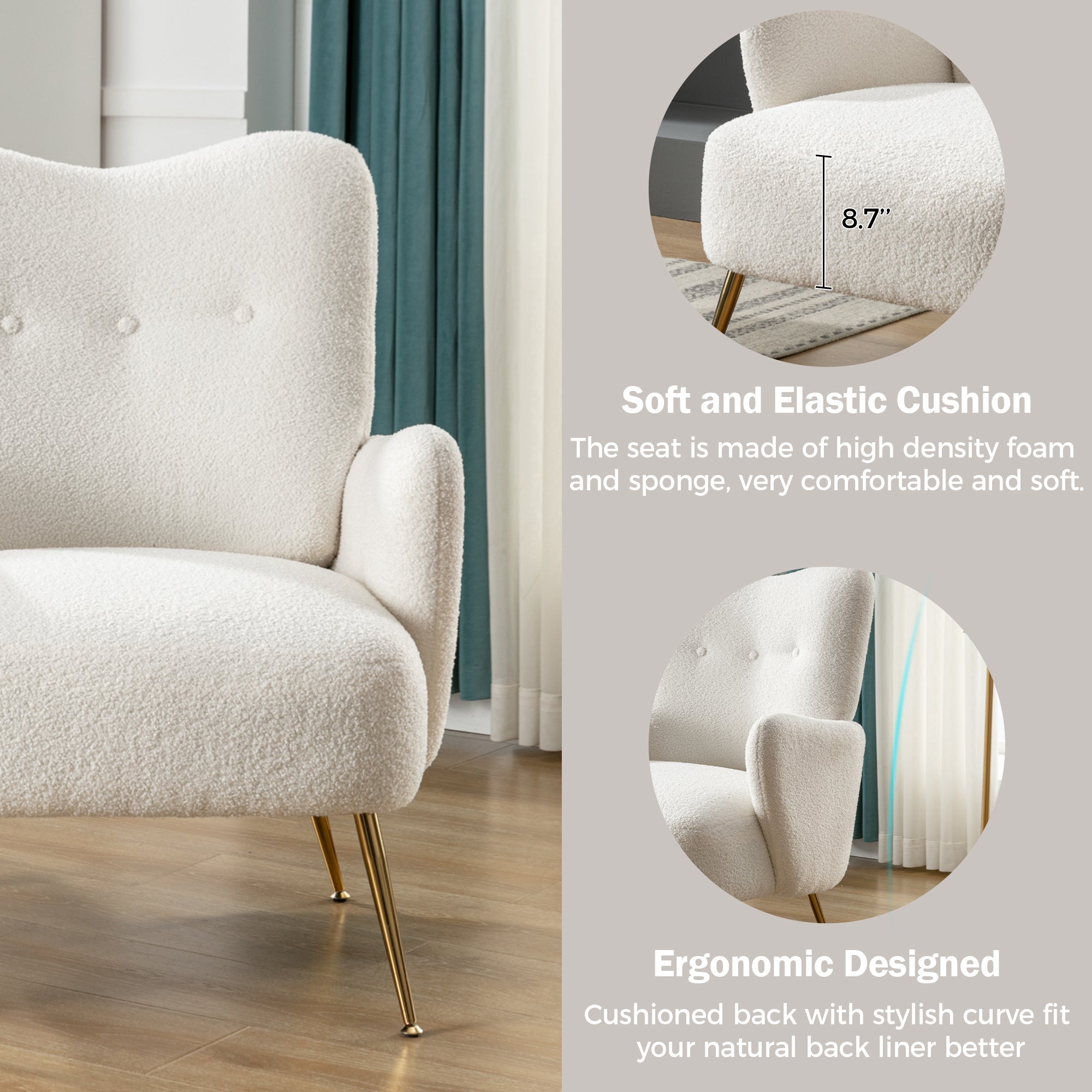 Modern Teddy Short Plush Particle Armchair, Accent Chair with Golden Metal Legs and High Back - White