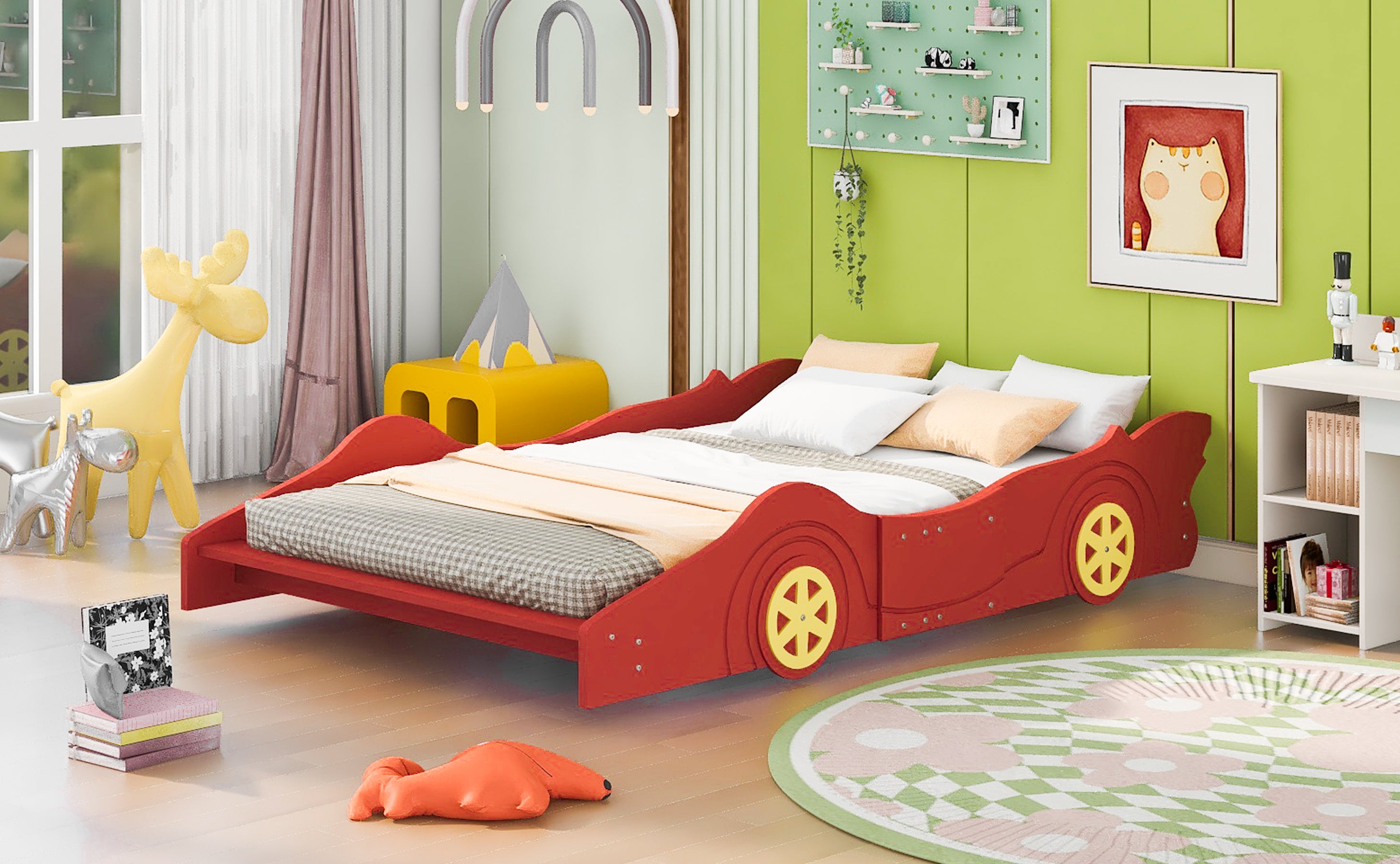 Full Size Race Car-Shaped Platform Bed with Wheels - Red