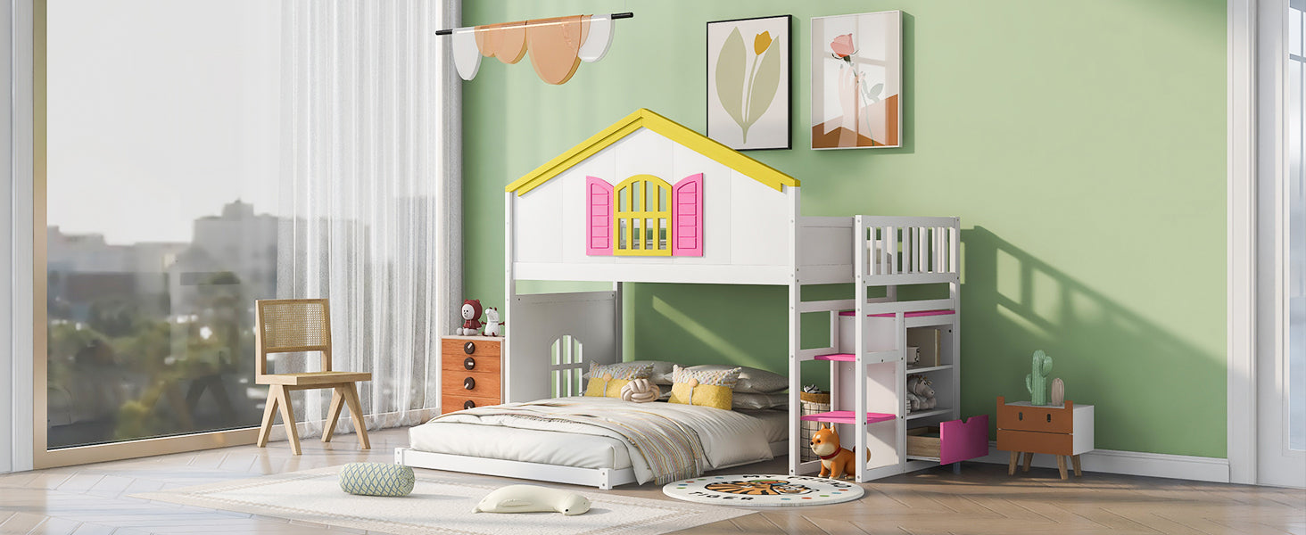 Twin over Full House Bunk Bed with Pink Staircase & Drawer - White