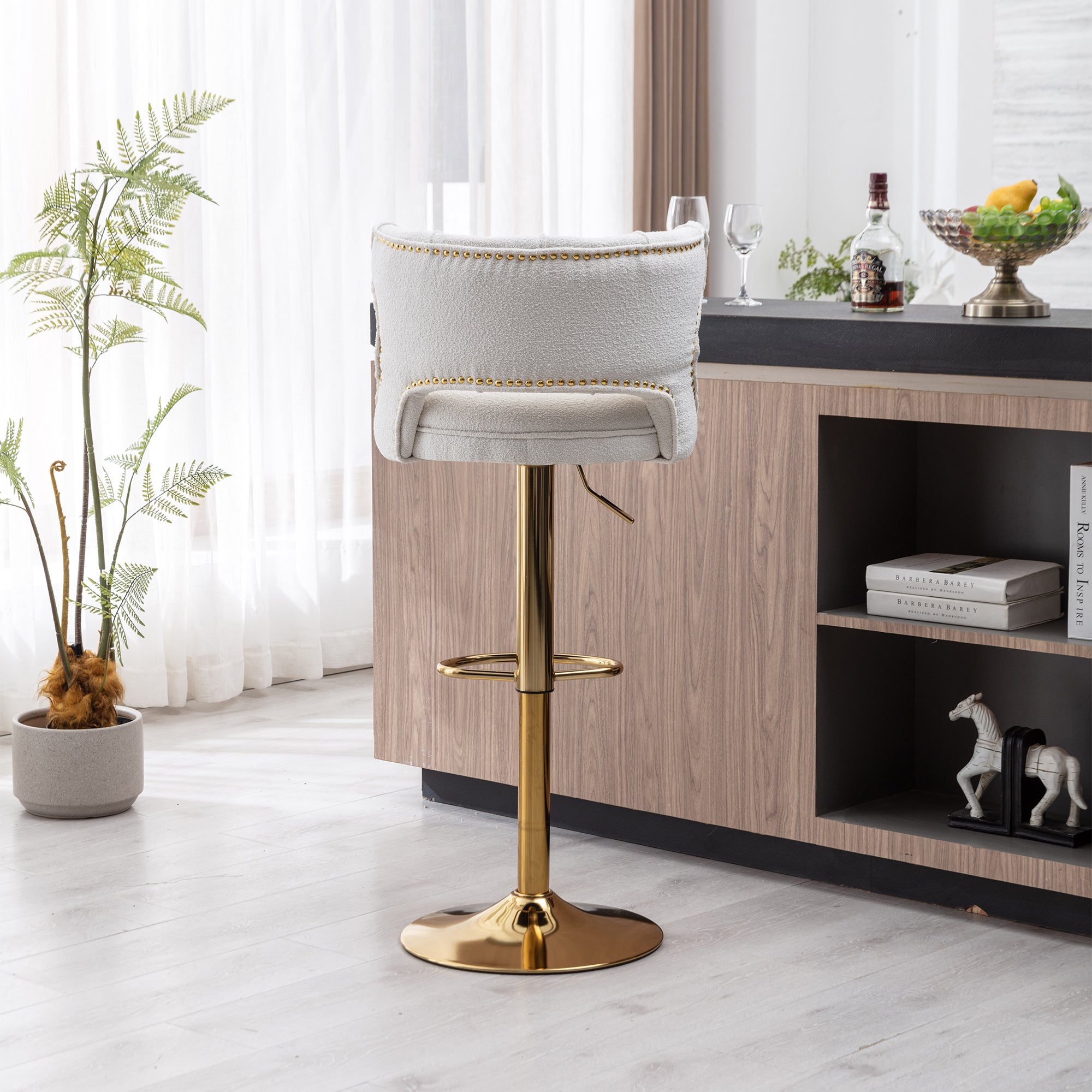 Bar Stools With Back and Footrest Counter Height Dining Chairs (Set of 2) - Boucle Cream