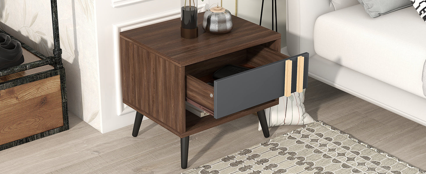Wooden Nightstand  End Table for Bedroom - Gray+Walnut
