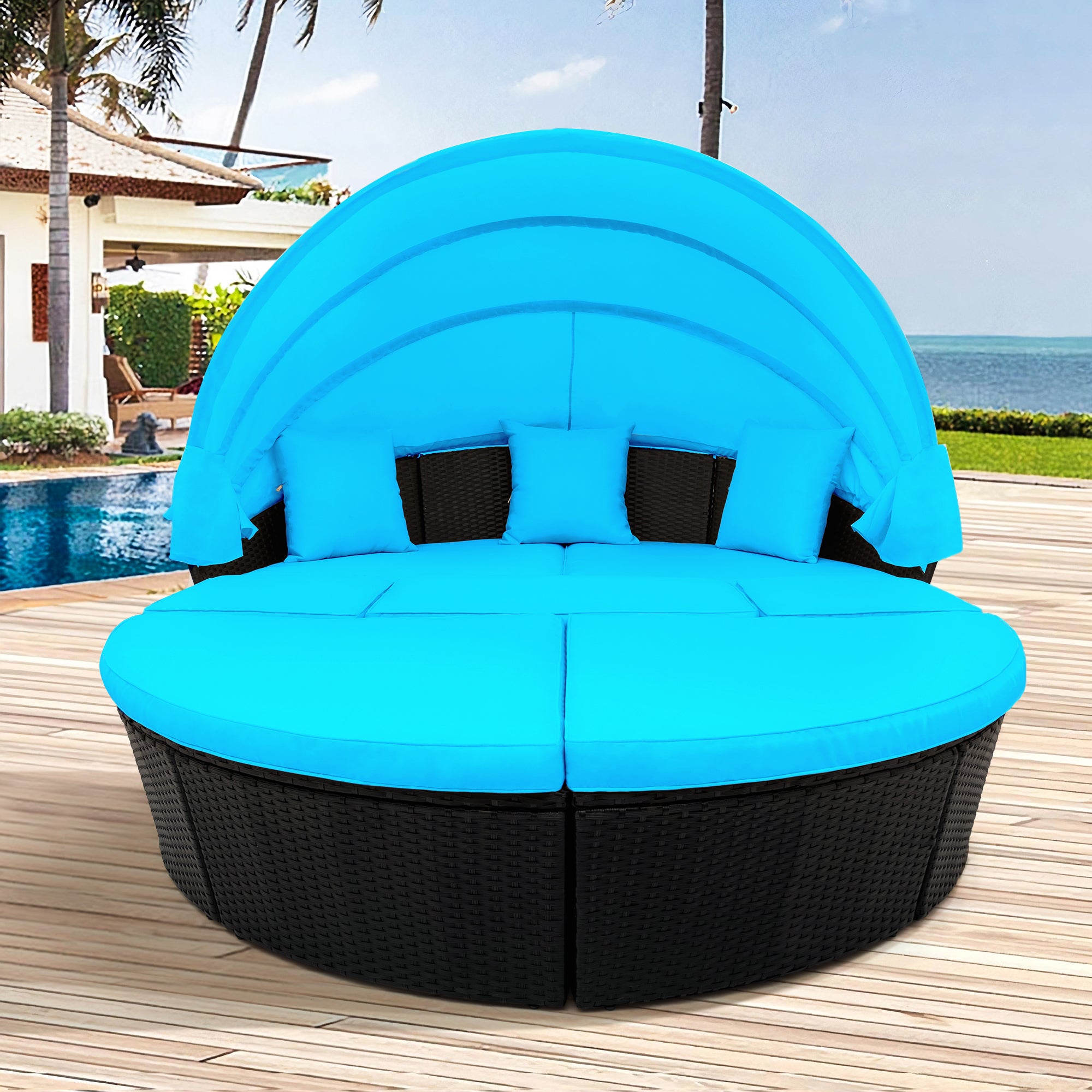 Outdoor rattan daybed sunbed with Retractable Canopy Wicker Furniture, Round Outdoor Sectional Sofa Set, Black Wicker Furniture Clamshell  Seating with Washable Cushions - Blue