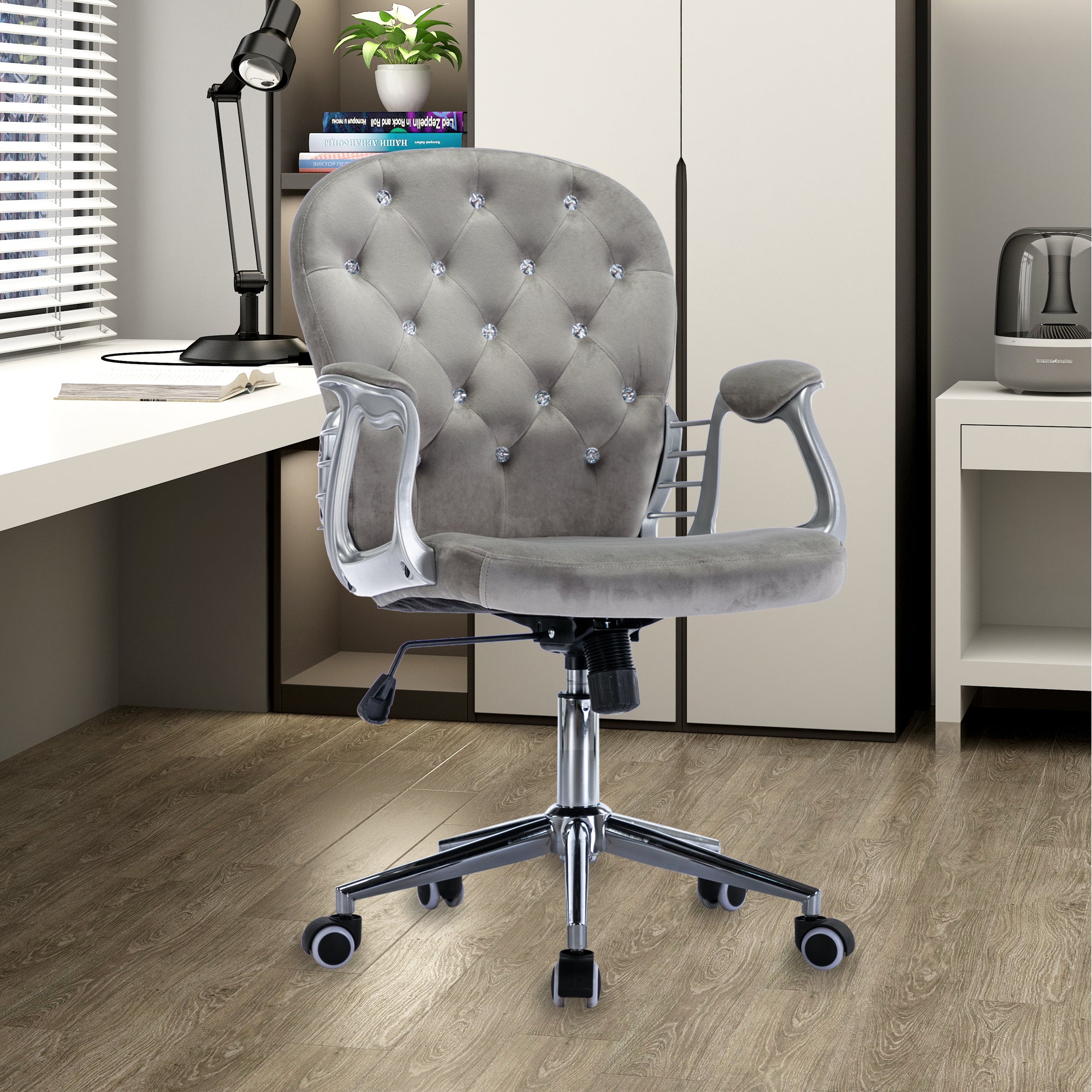 Velvet Home Office Chair with Wheels with Side Arms and Wheels 360° - Grey