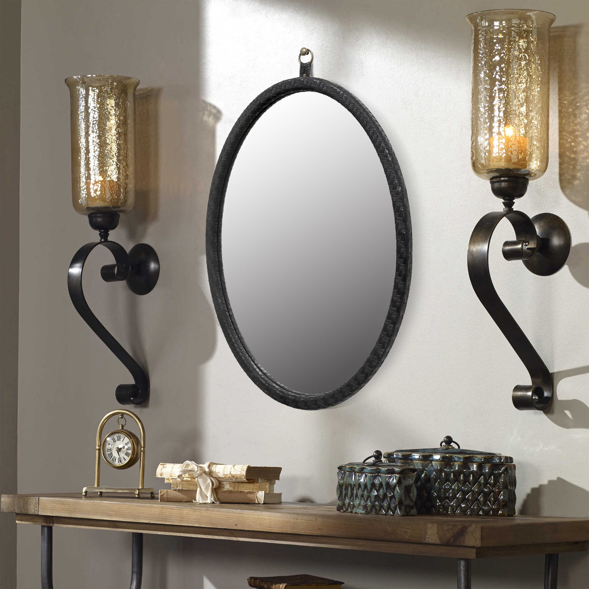 Oval Black Woven Grain Decorative Wall Mirror
