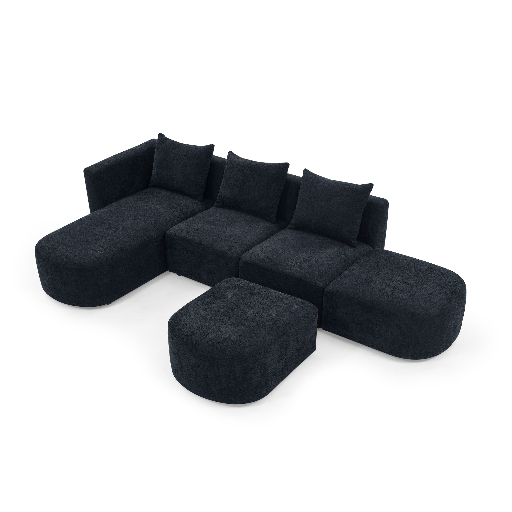 L Shape Sectional Sofa including Two Single Seats, Left Side Chaise and Two Ottomans - Black