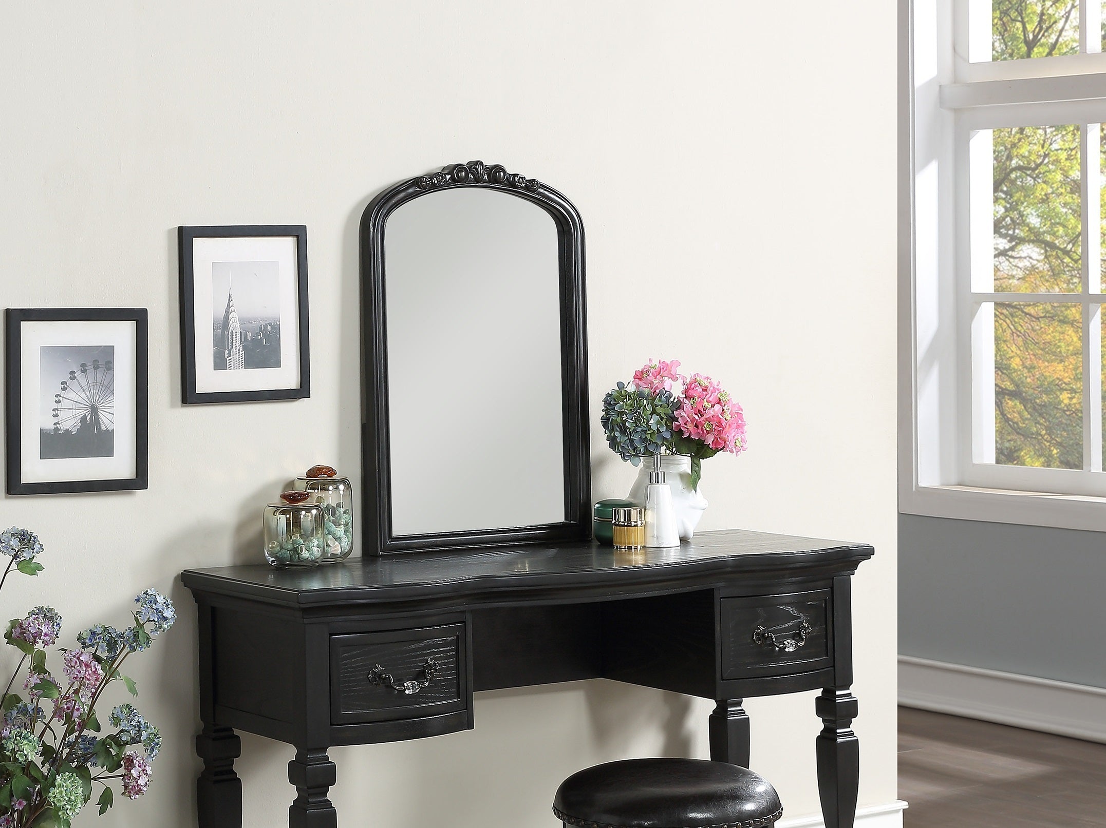 Bedroom Classic Vanity Set Wooden Carved Mirror Stool Drawers - Black