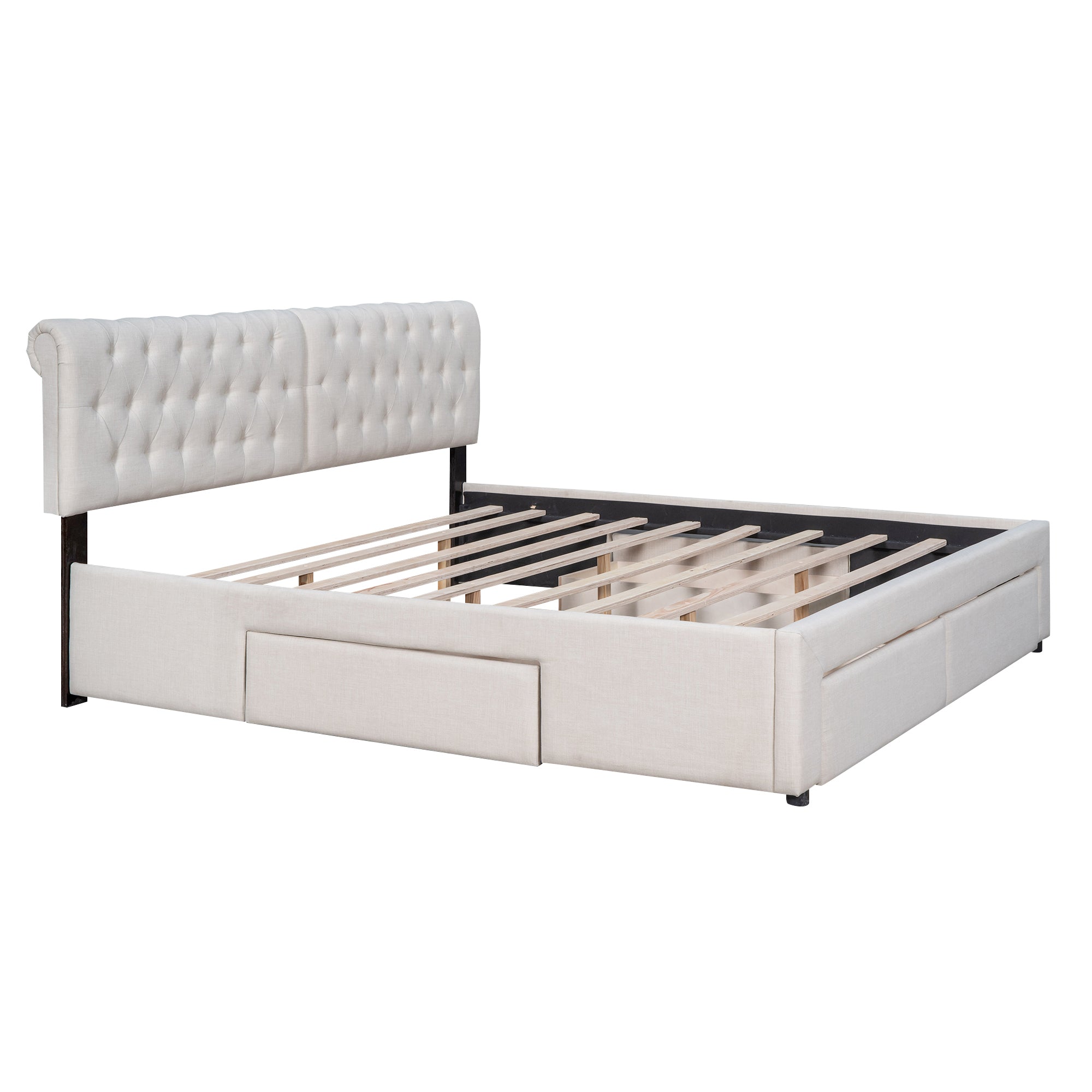 King Size Upholstery Platform Bed with Four Drawers - Beige