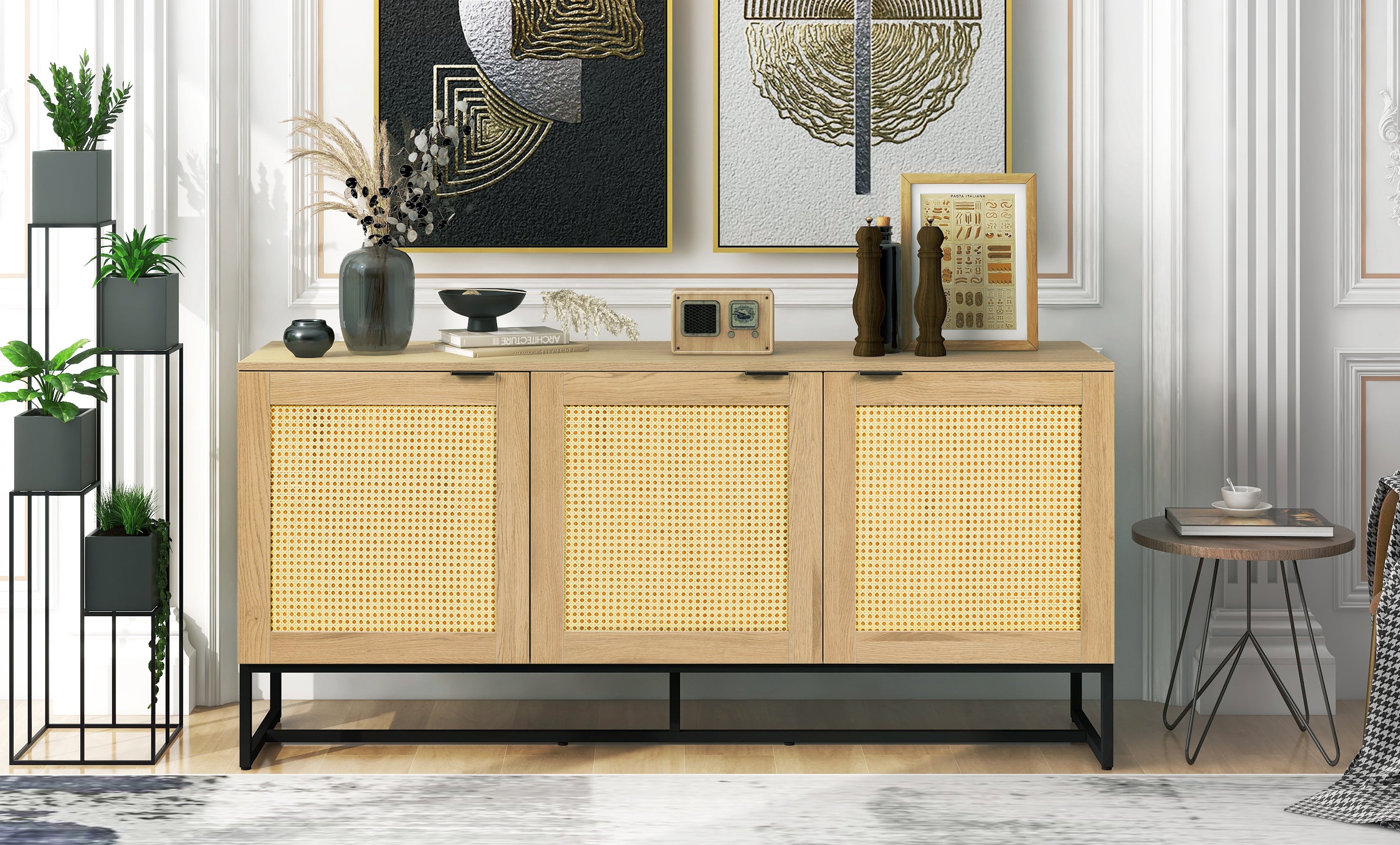 Wicker Sideboard Storage Cabinet 63 inch, with 3 doors - Natural color