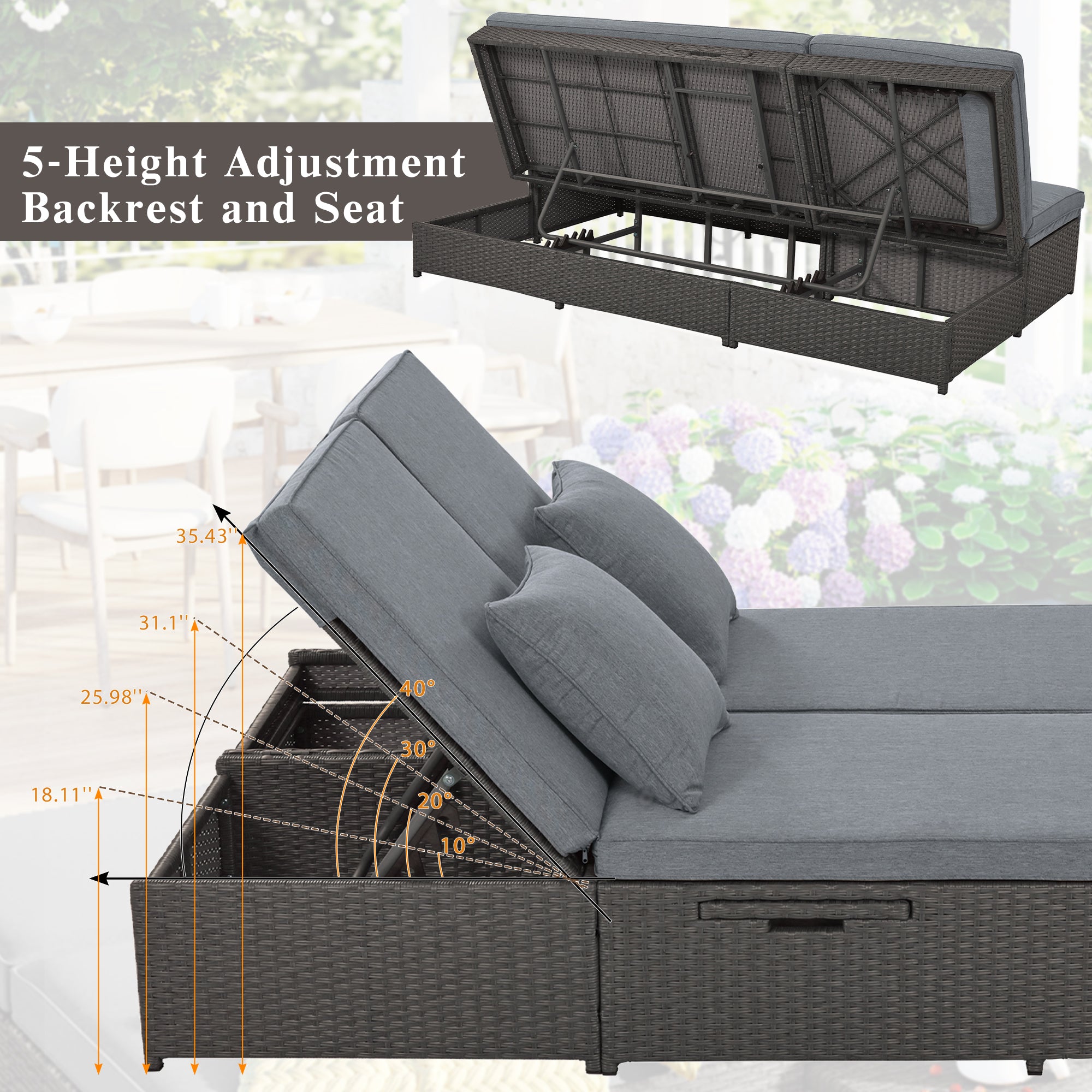 Outdoor Double Sun bed, Wicker Rattan Patio Reclining Chairs with Adjustable Backrest and Seat, Conversational Set for 2 Person - Gray
