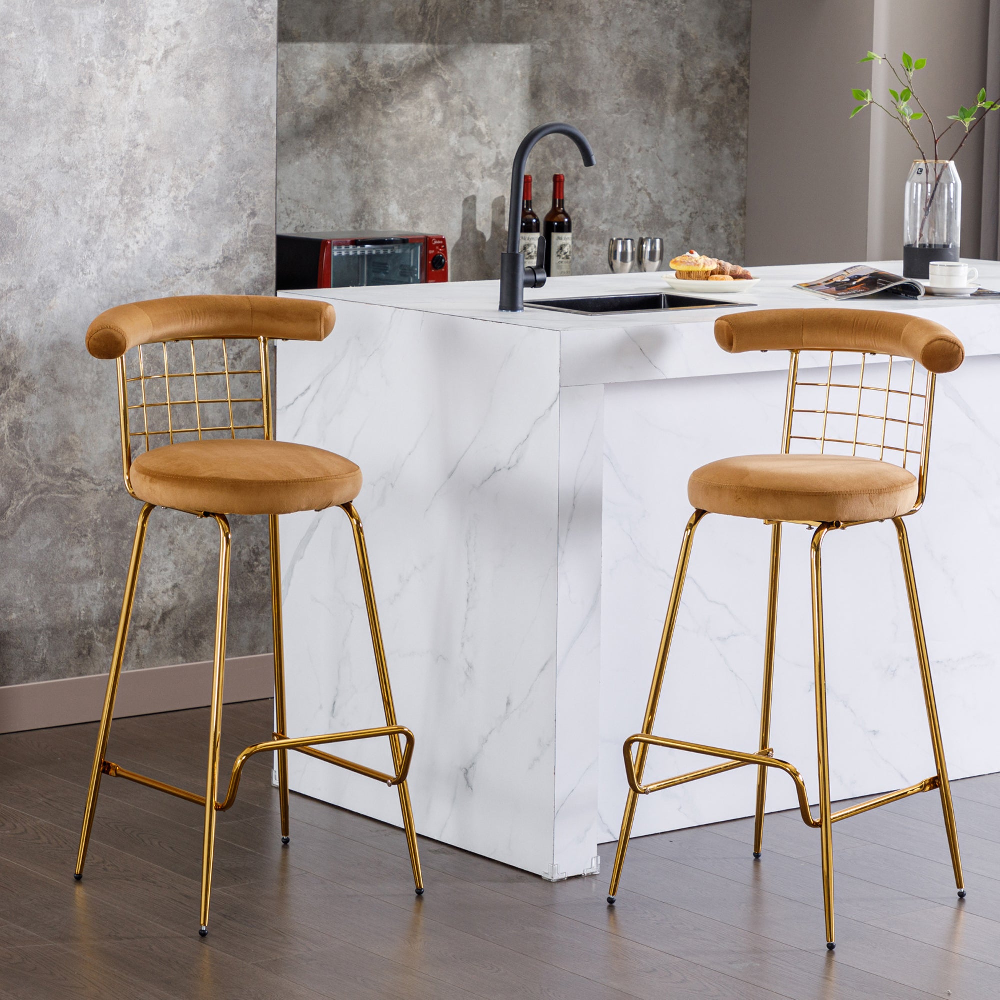 Luxury Velvet  High Bar Stool with Metal Legs and Soft Back - Camel