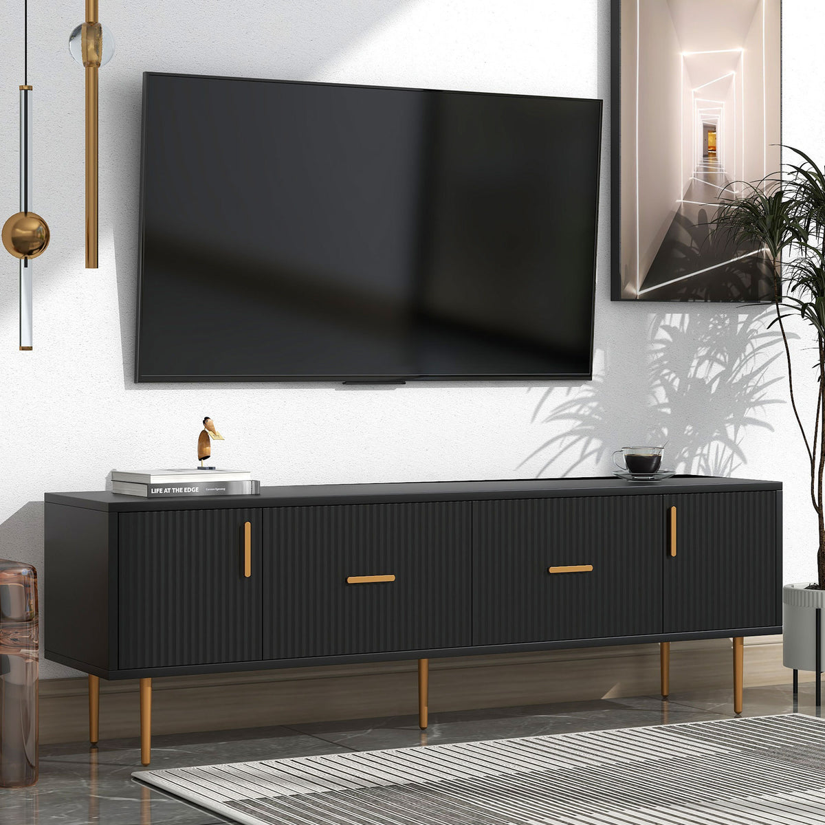 Modern TV Stand with 5 Champagne Legs, TVS Up to 75'' - Black