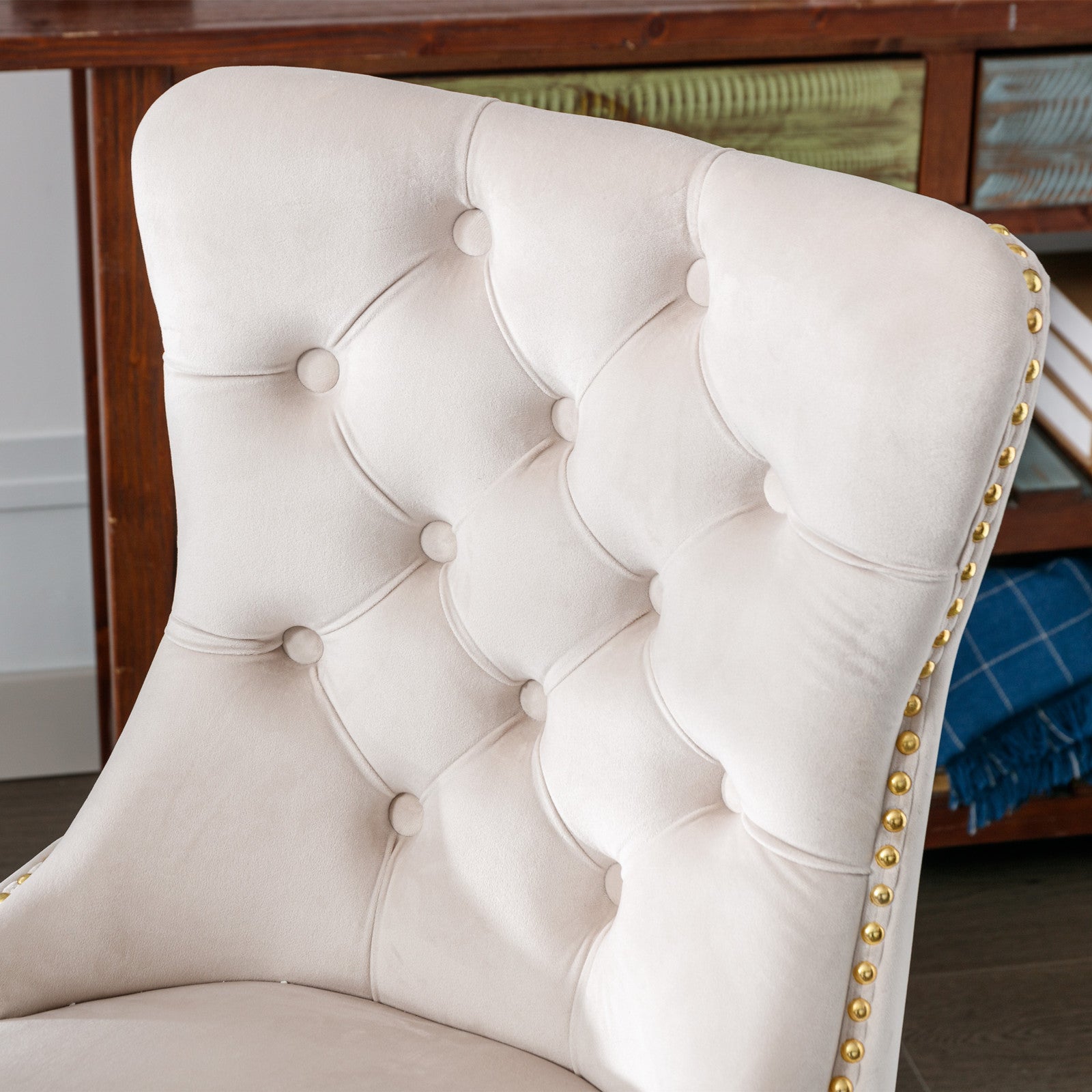 Velvet Upholstered Tufted Button Home Office Chair with Golden Metal Base - Beige