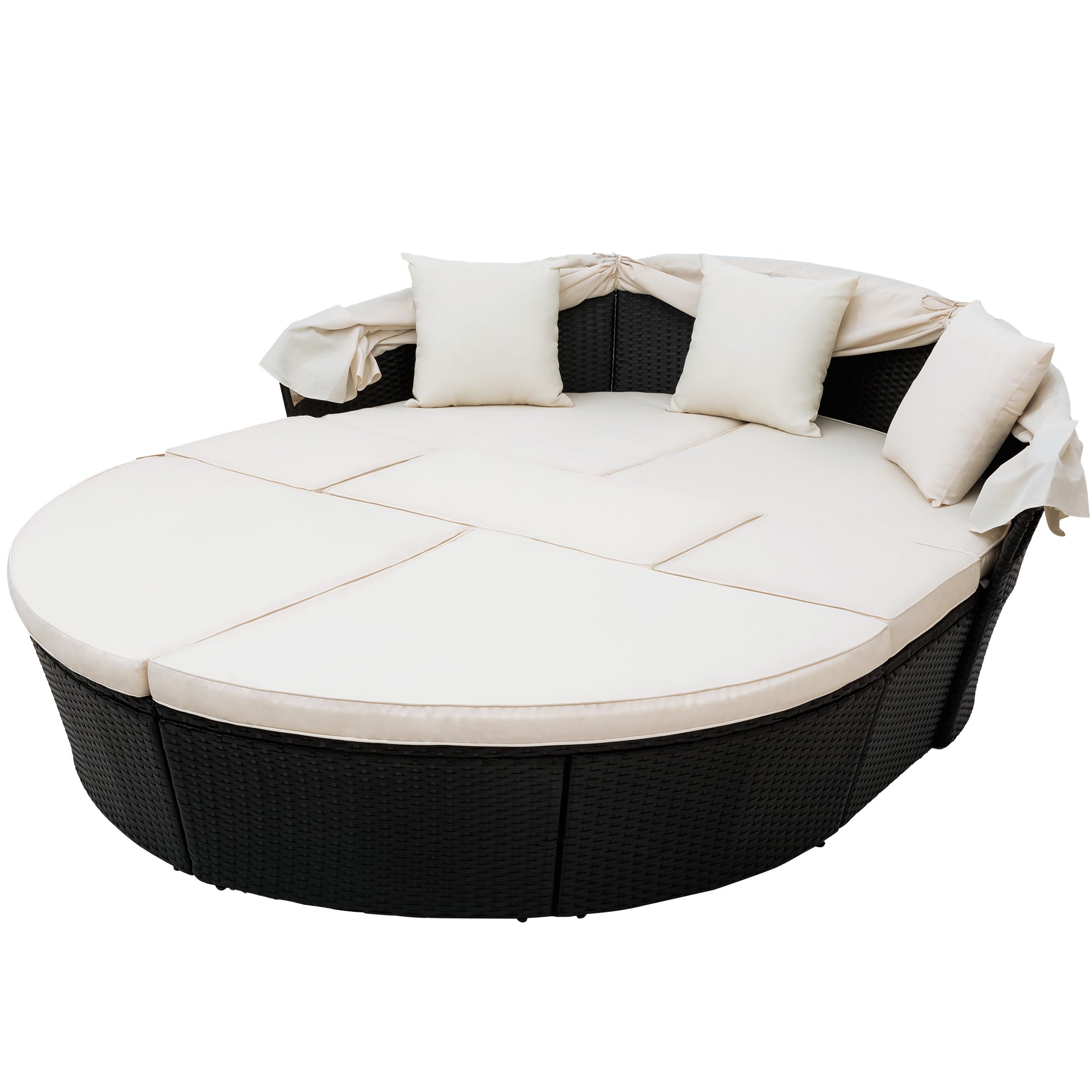 Outdoor Rattan Daybed Sunbed with Retractable Canopy Wicker - Beige