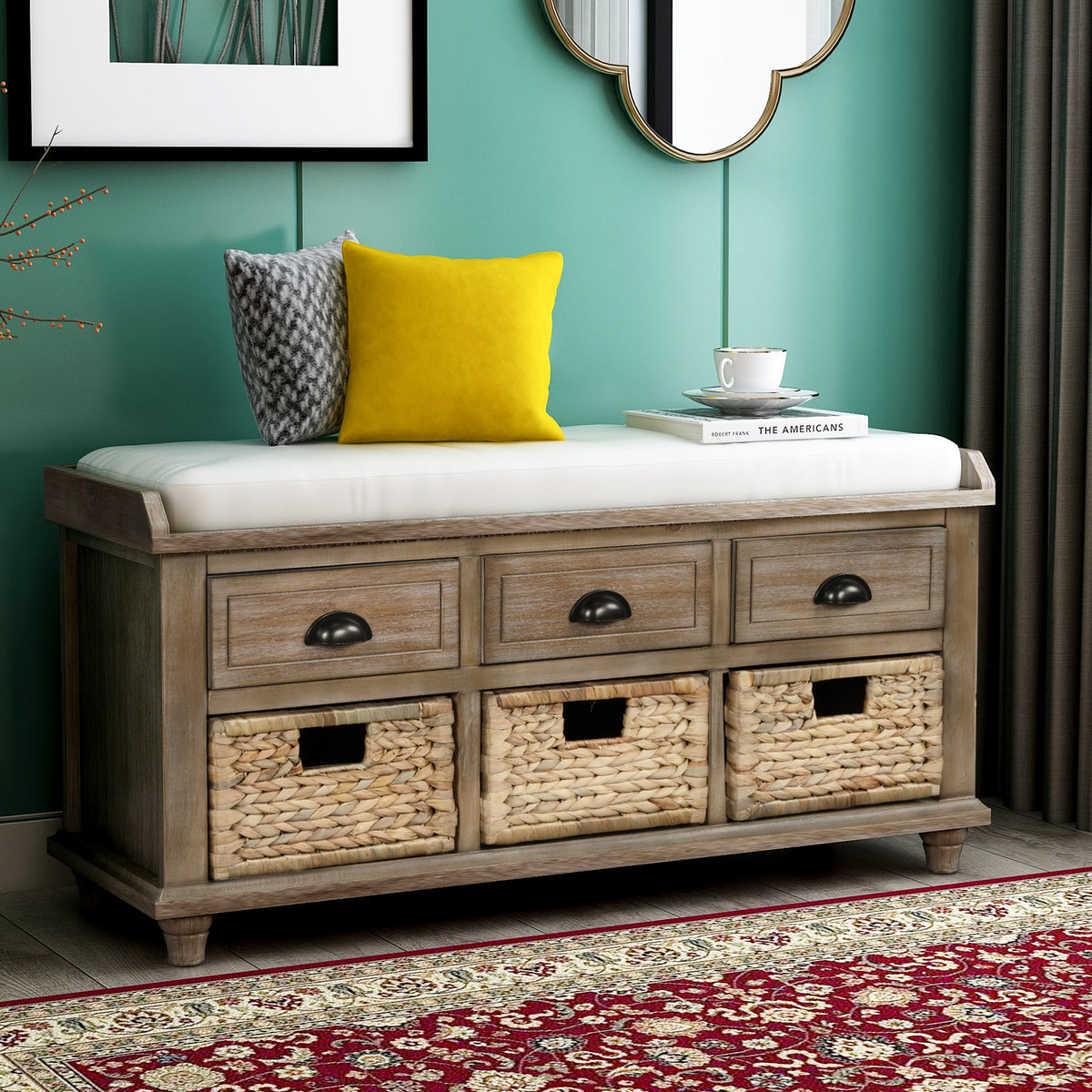 Rustic Storage Bench with 3 Drawers and 3 Rattan Baskets- White Washed
