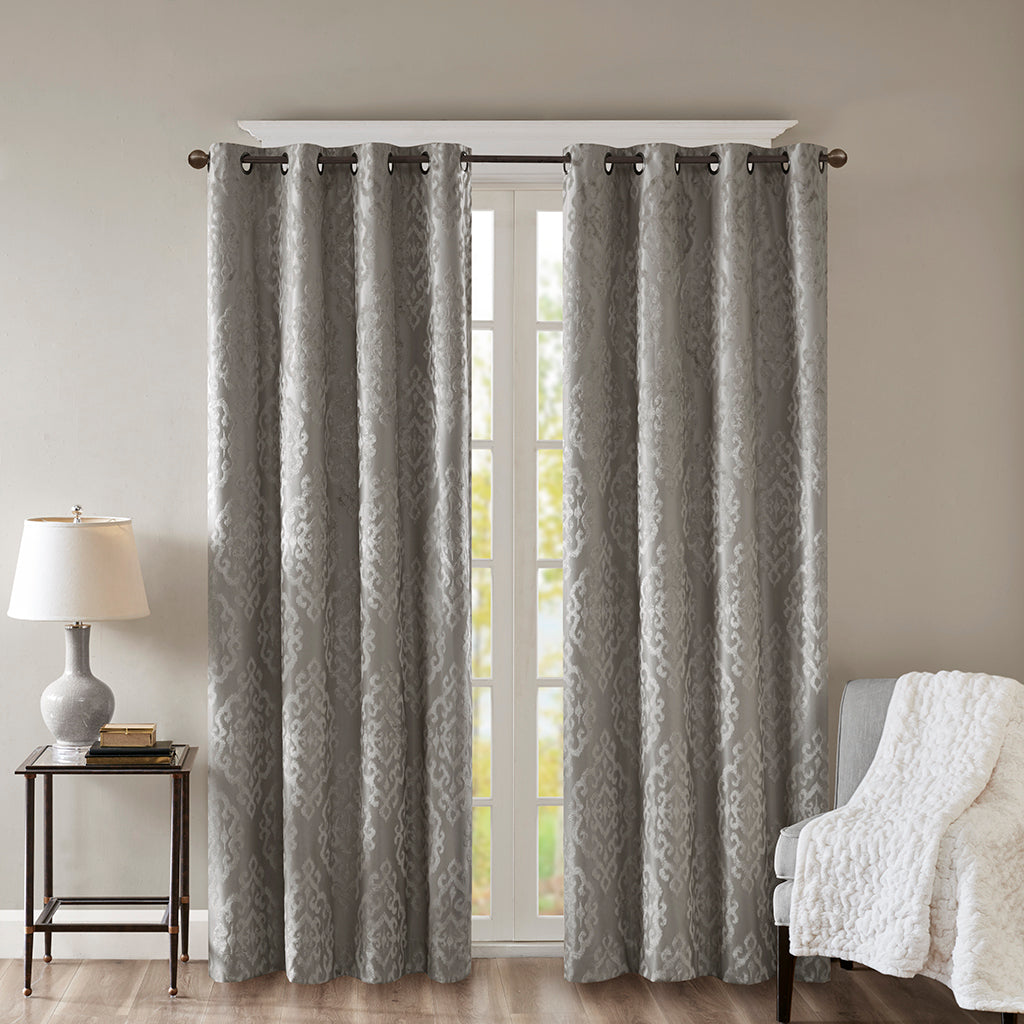 50x84" Knitted Jacquard Damask Total Blackout Grommet Top Curtain Panel - Charcoal