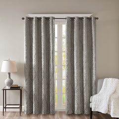 50x84" Knitted Jacquard Damask Total Blackout Grommet Top Curtain Panel - Charcoal