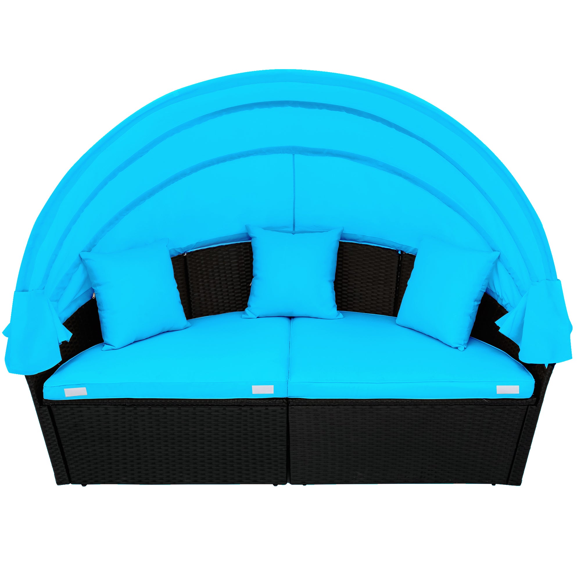 Outdoor rattan daybed sunbed with Retractable Canopy Wicker Furniture, Round Outdoor Sectional Sofa Set, Black Wicker Furniture Clamshell  Seating with Washable Cushions - Blue