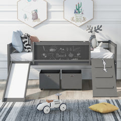 Twin size Loft Wood Bed with Two Storage Boxes - Gray