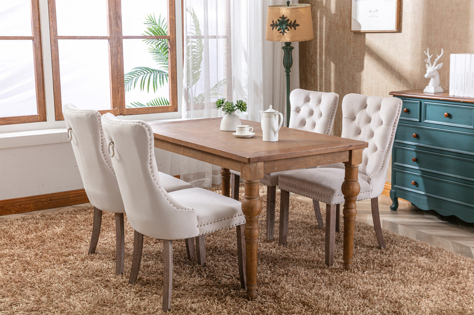 Modern High-end Tufted Velvet Upholstered Dining Chair with Wood Legs Nailhead Trim (Set of 2) -Beige