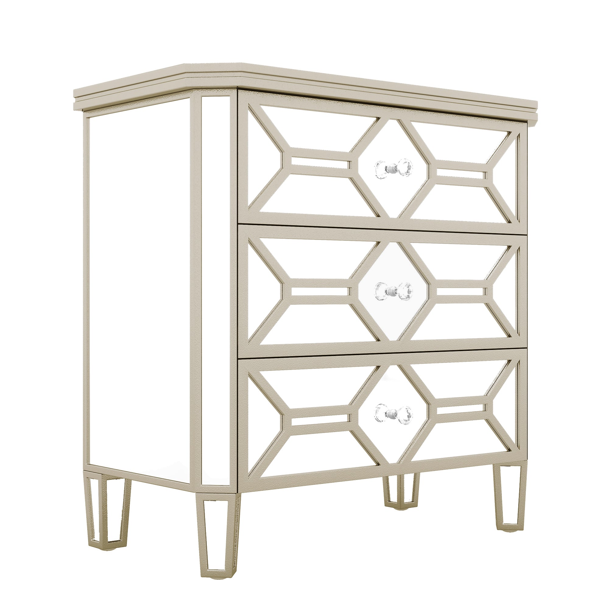 Elegant Mirrored 3-Drawer Chest with Golden Lines Storage Cabinet